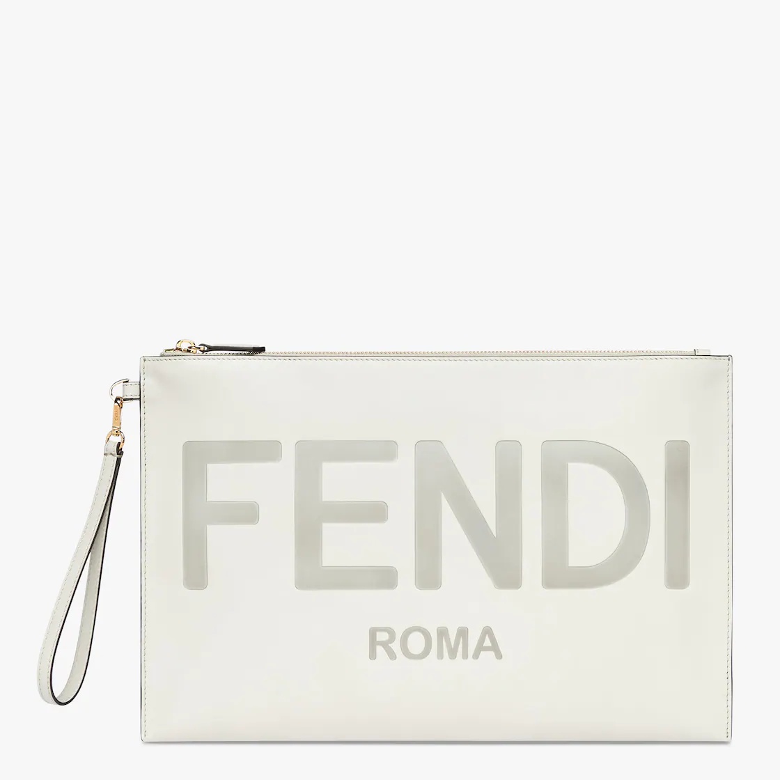 Large pouch with removable bracelet handle. Zip fastening. Made of light gray leather. Embellished w - 1