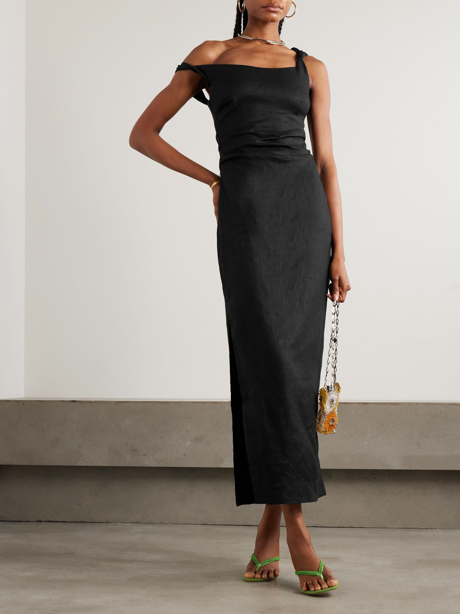 Twisted ruched linen midi dress Black - 2