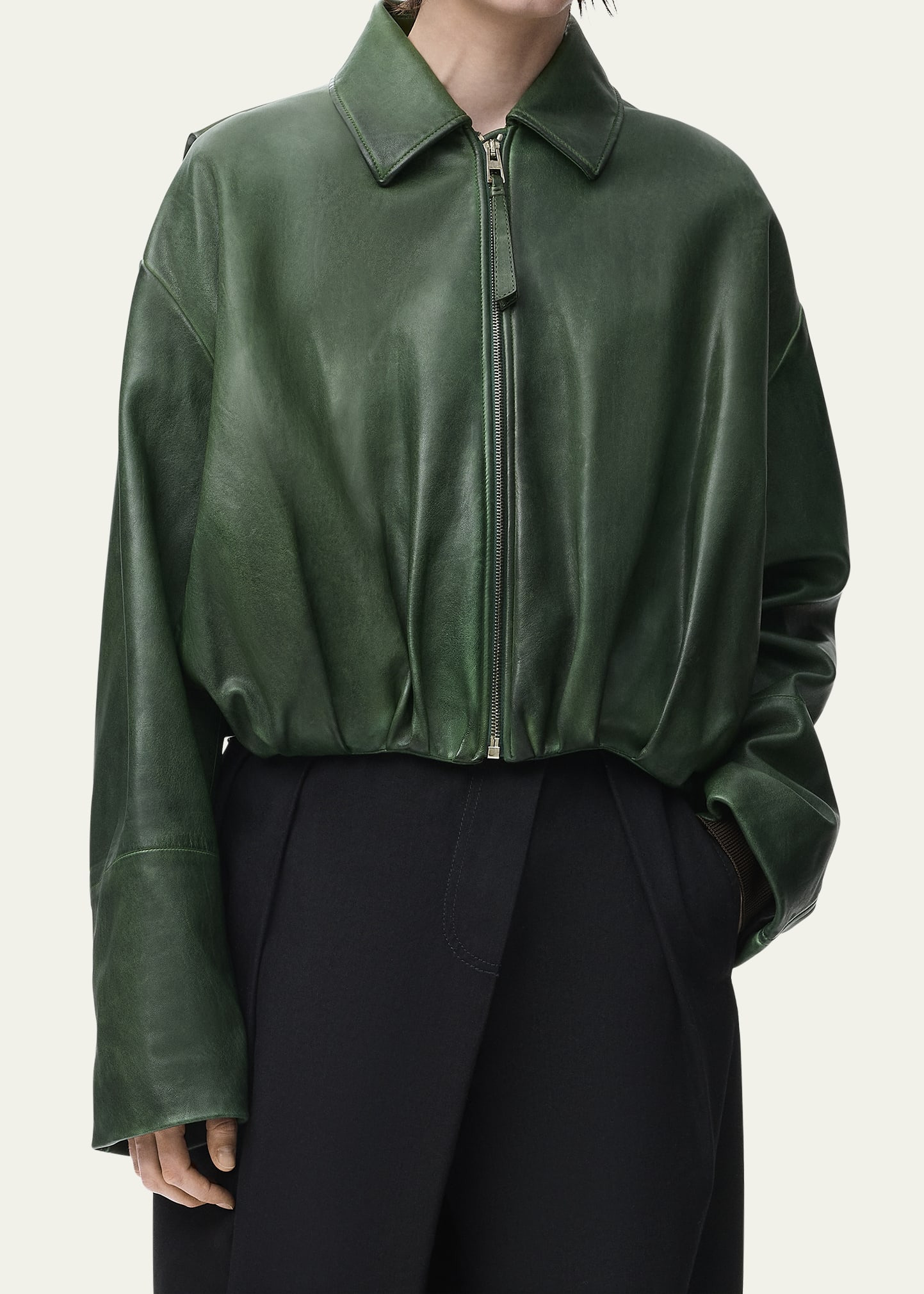 Draped Leather Bomber Jacket - 4