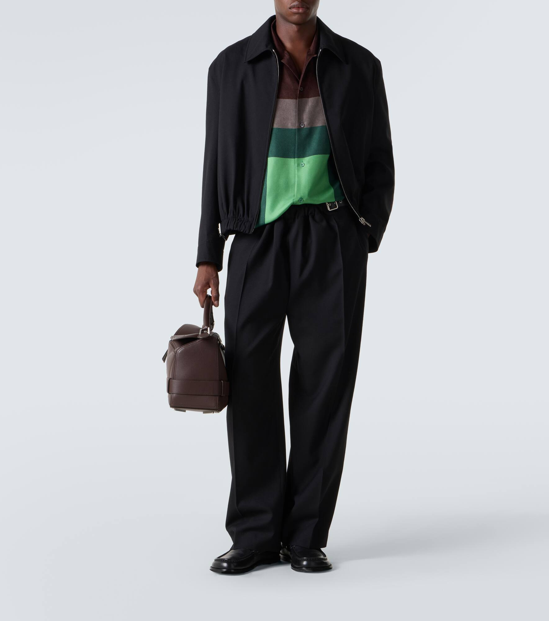 Belted leather-trimmed wool blouson - 2