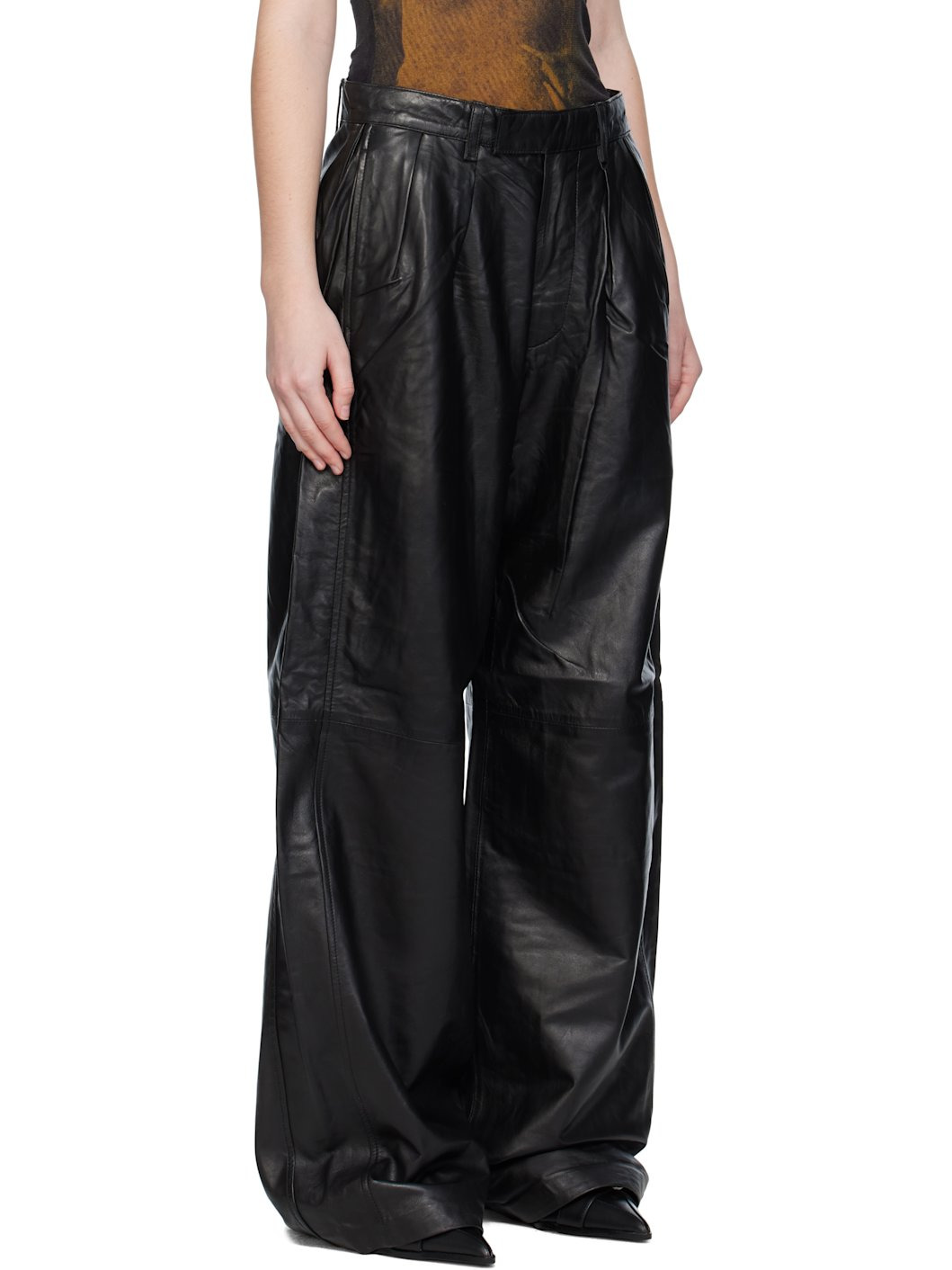 Black Pleated Wide Leg Leather Pants - 2