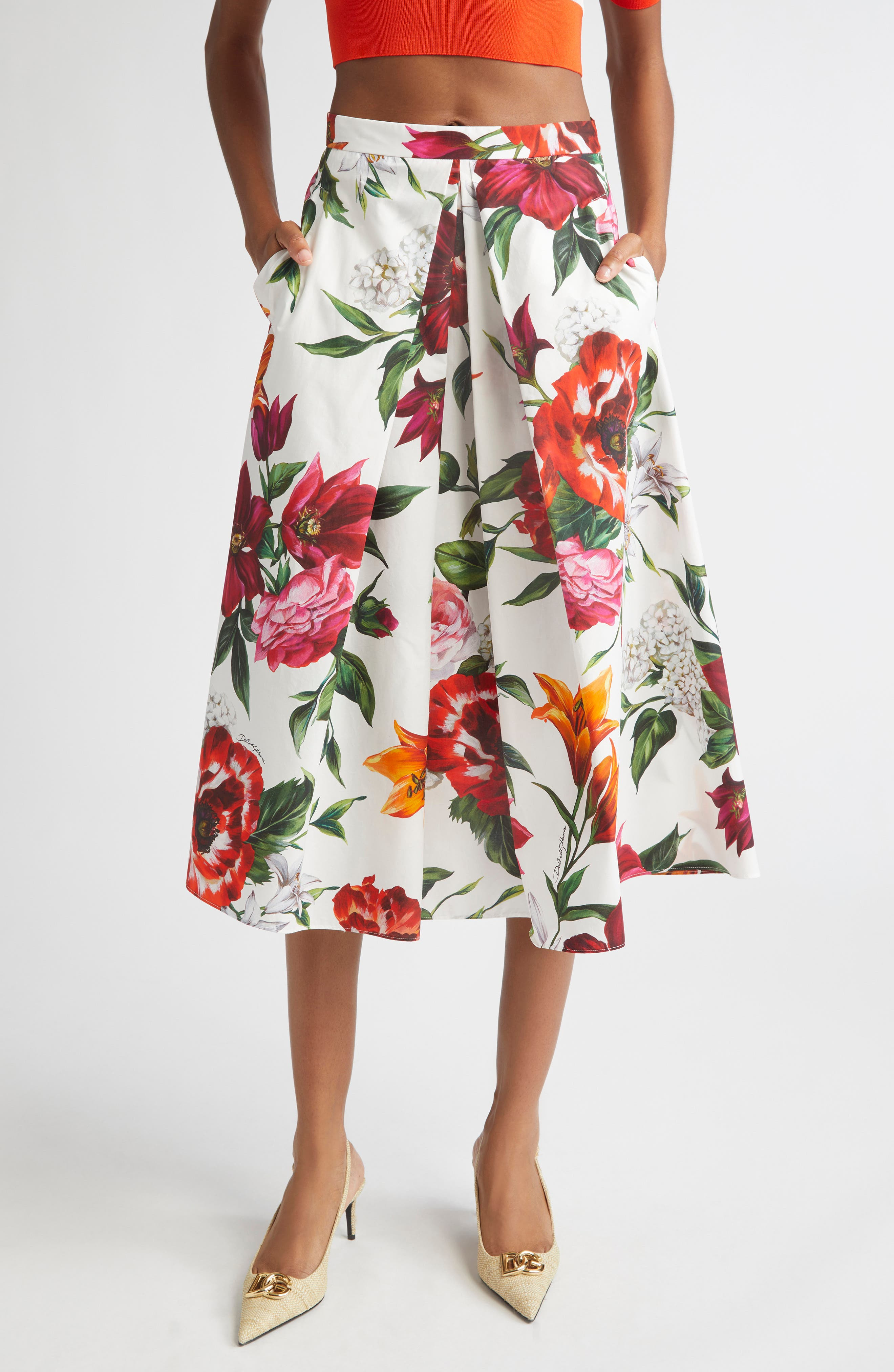 Dolce&Gabbana Floral Pleated Cotton Poplin Skirt in Ha5Pb Anemoni Gigli F.bco at Nordstrom - 1