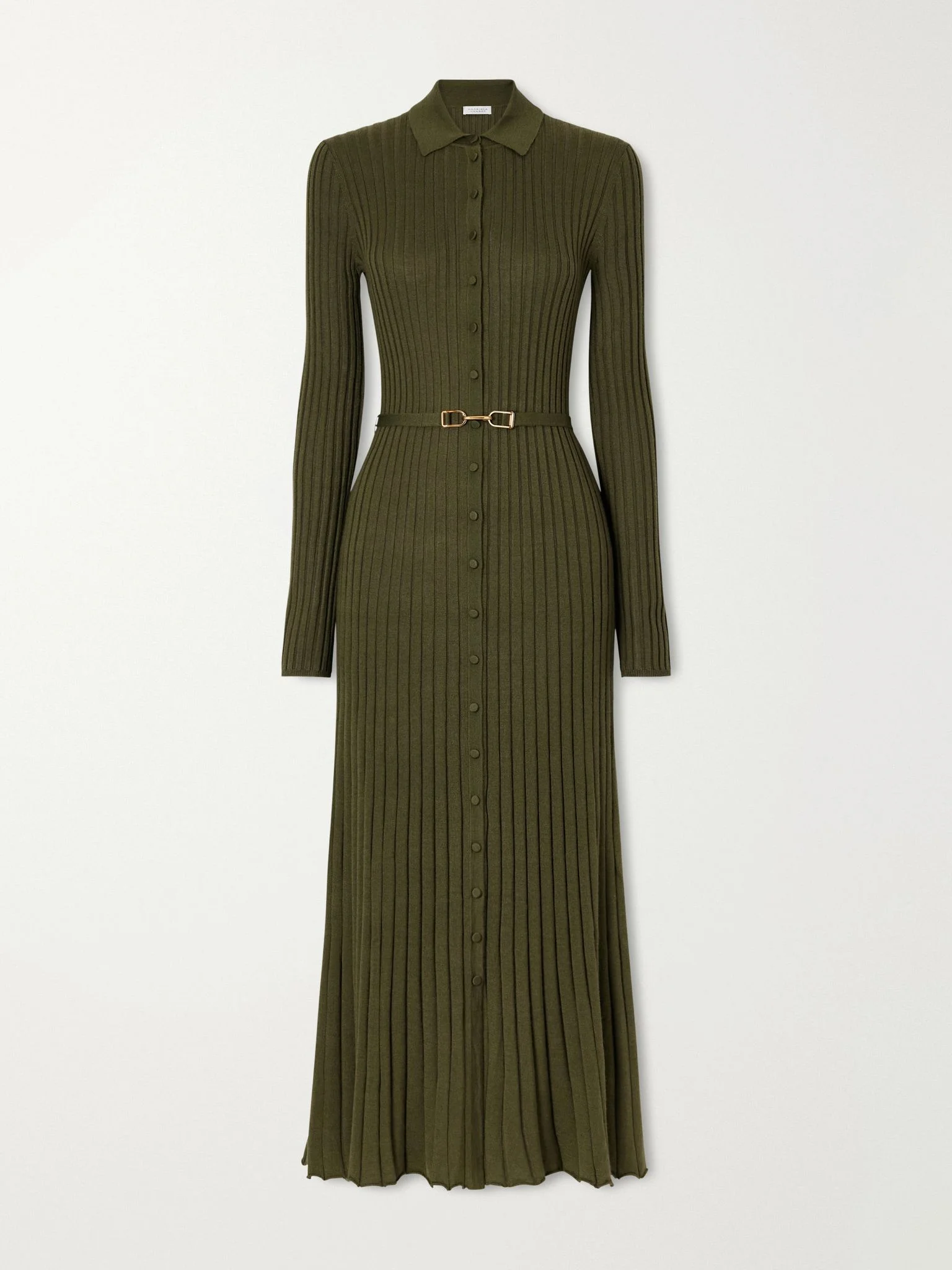 Tenes belted ribbed cashmere and silk-blend midi dress Army green - 1