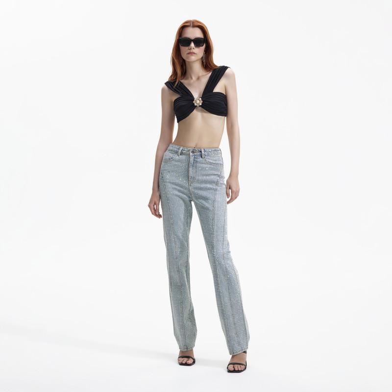 Blue Shorter Length Rhinestone Denim Jeans 1