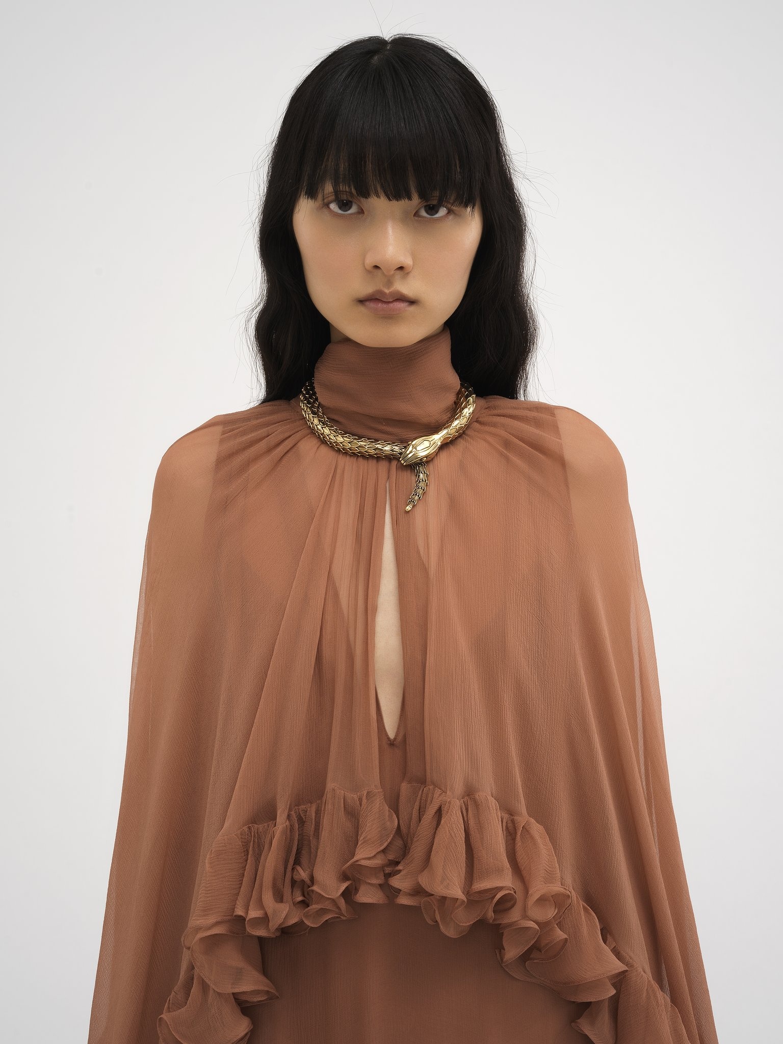MOCK-NECK RUFFLE DRESS IN SILK MOUSSELINE - 5