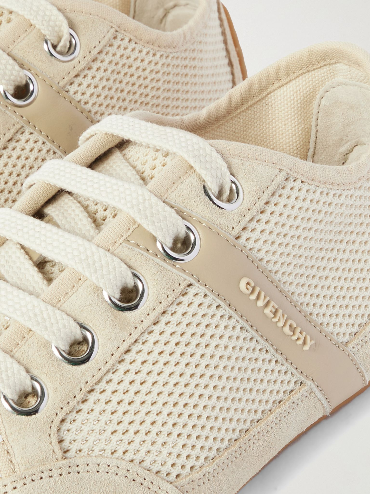 Leather and suede-trimmed mesh sneakers Beige - 4