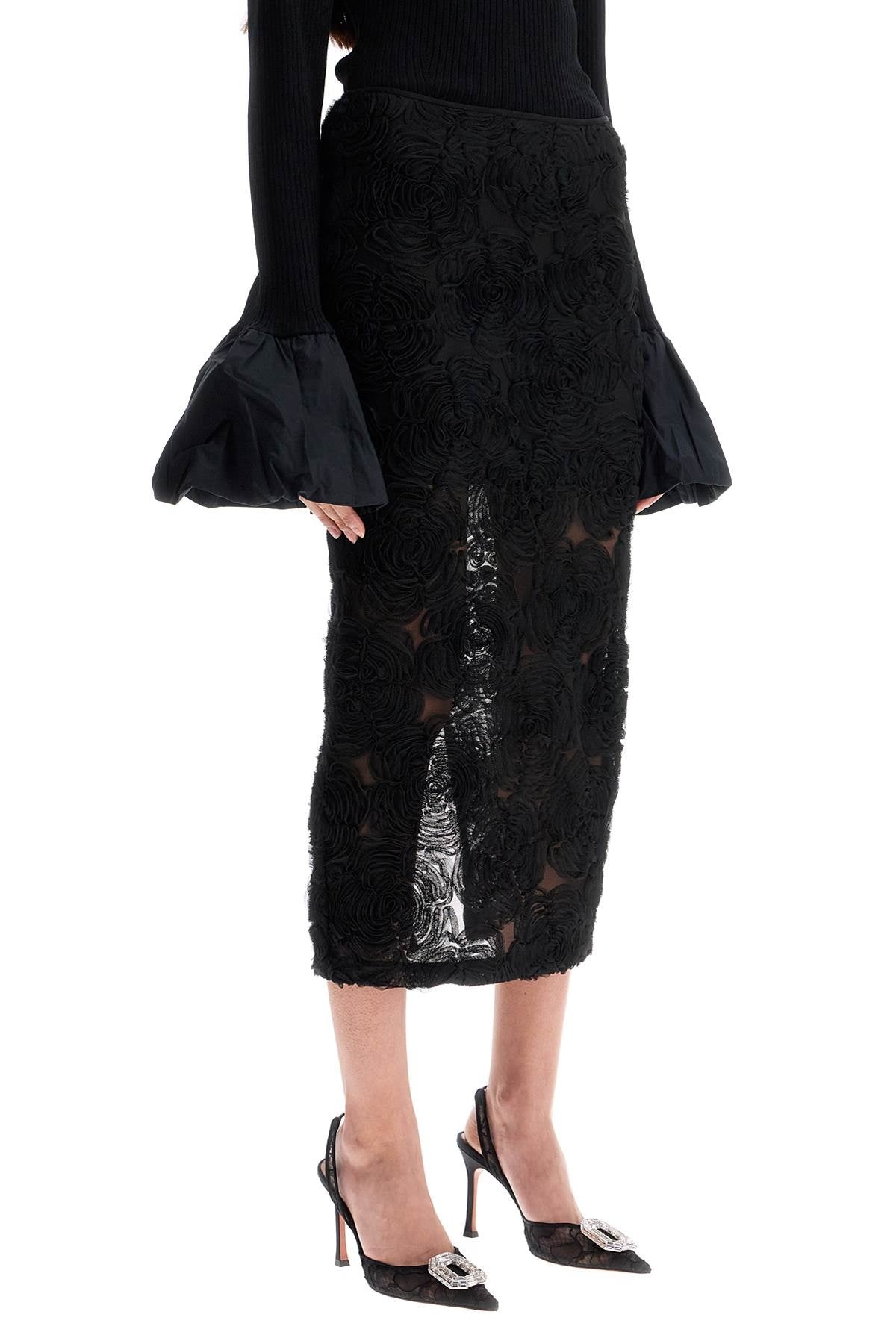 Rotate Black Recycled Polyester Floral Mesh Pencil Skirt Women - 2