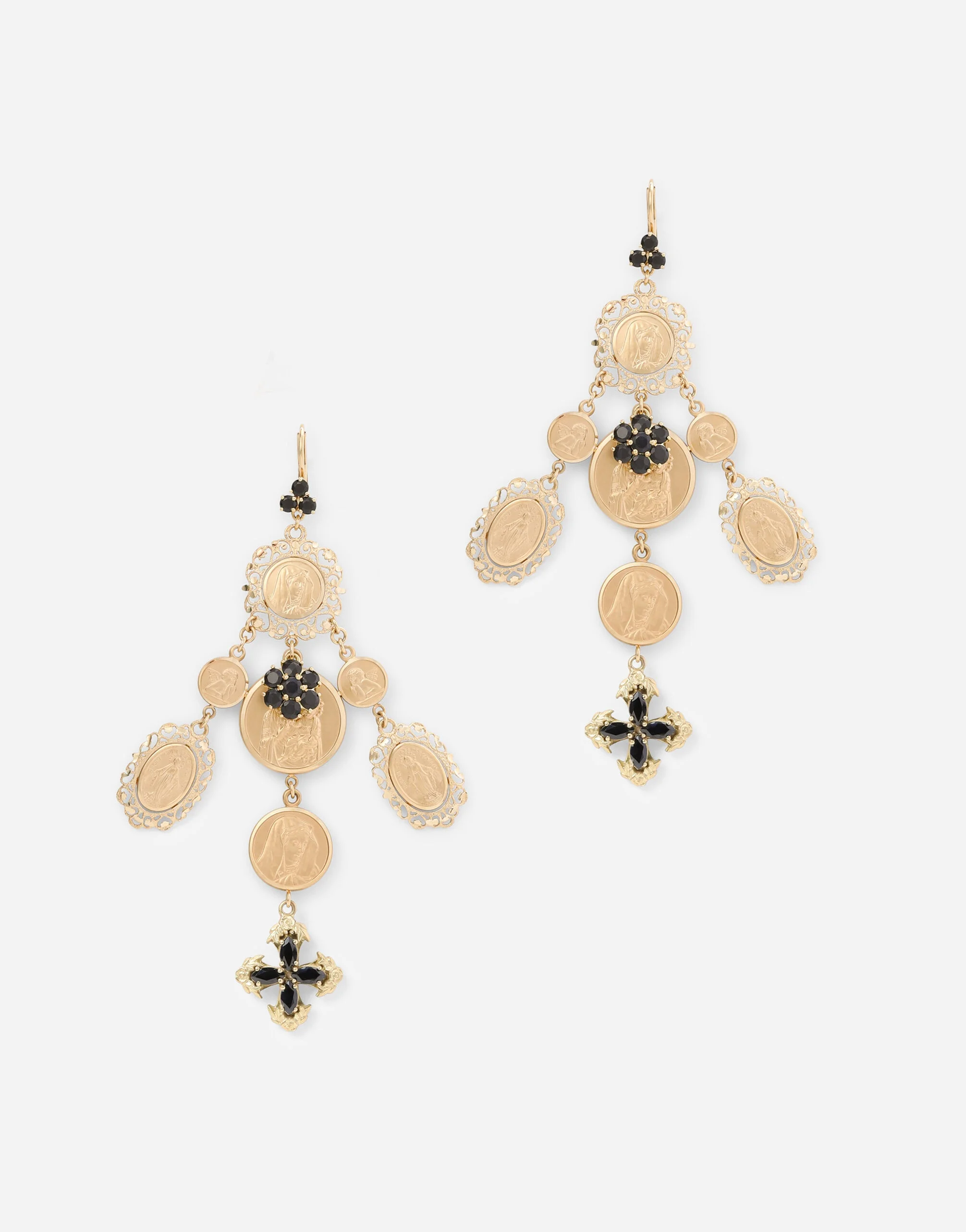 Yellow gold Sicily earrings with medals and cross pendants - 1