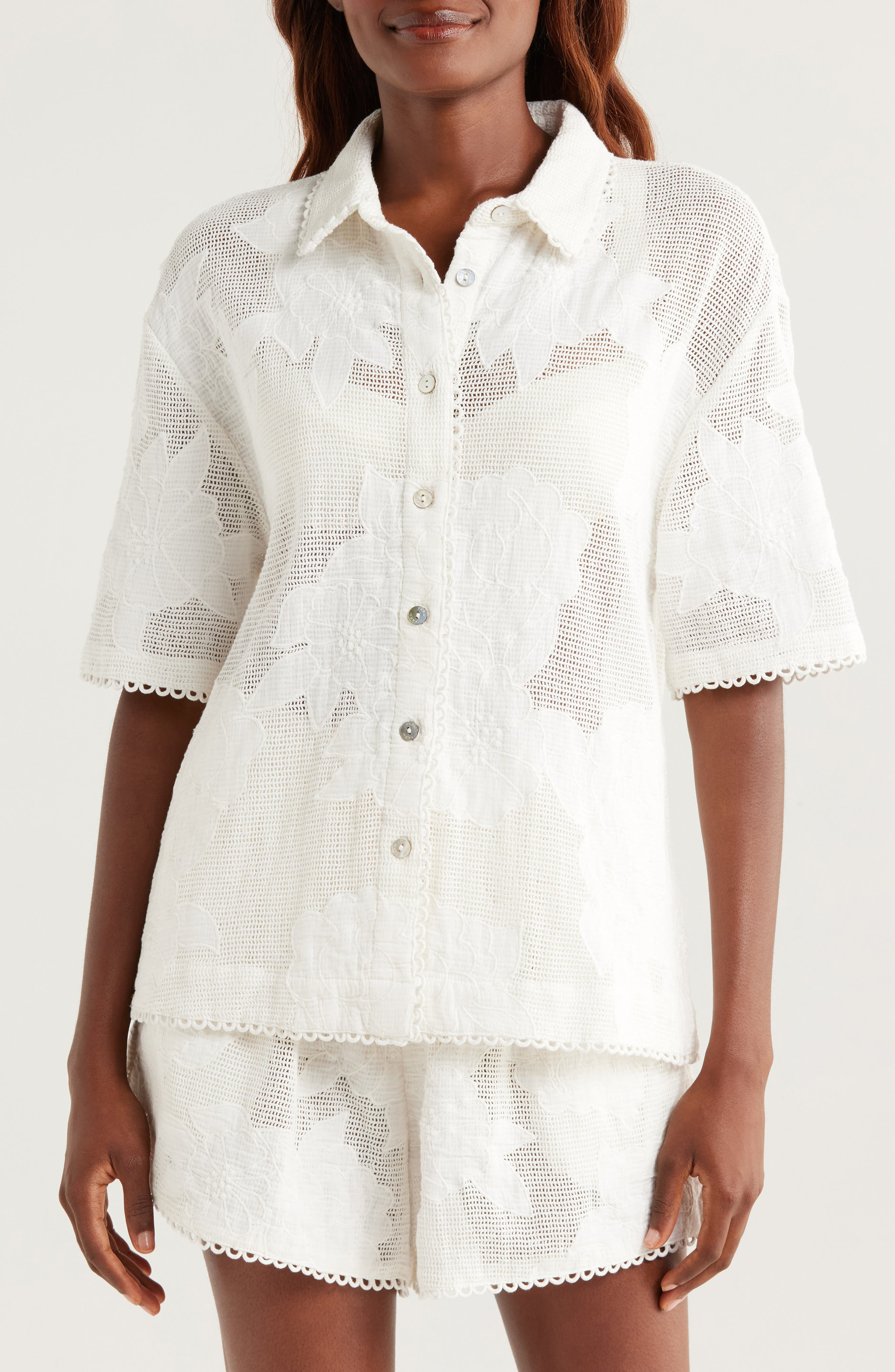 FARM Rio White Flower Linen Cover-Up Shirt at Nordstrom - 4