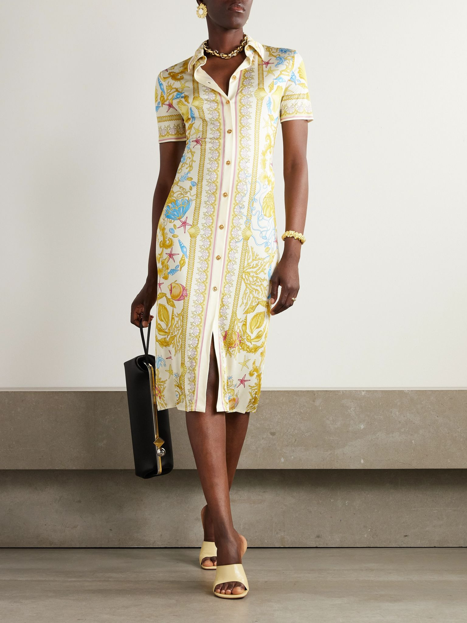 Printed stretch-jersey midi shirt dress Yellow - 2