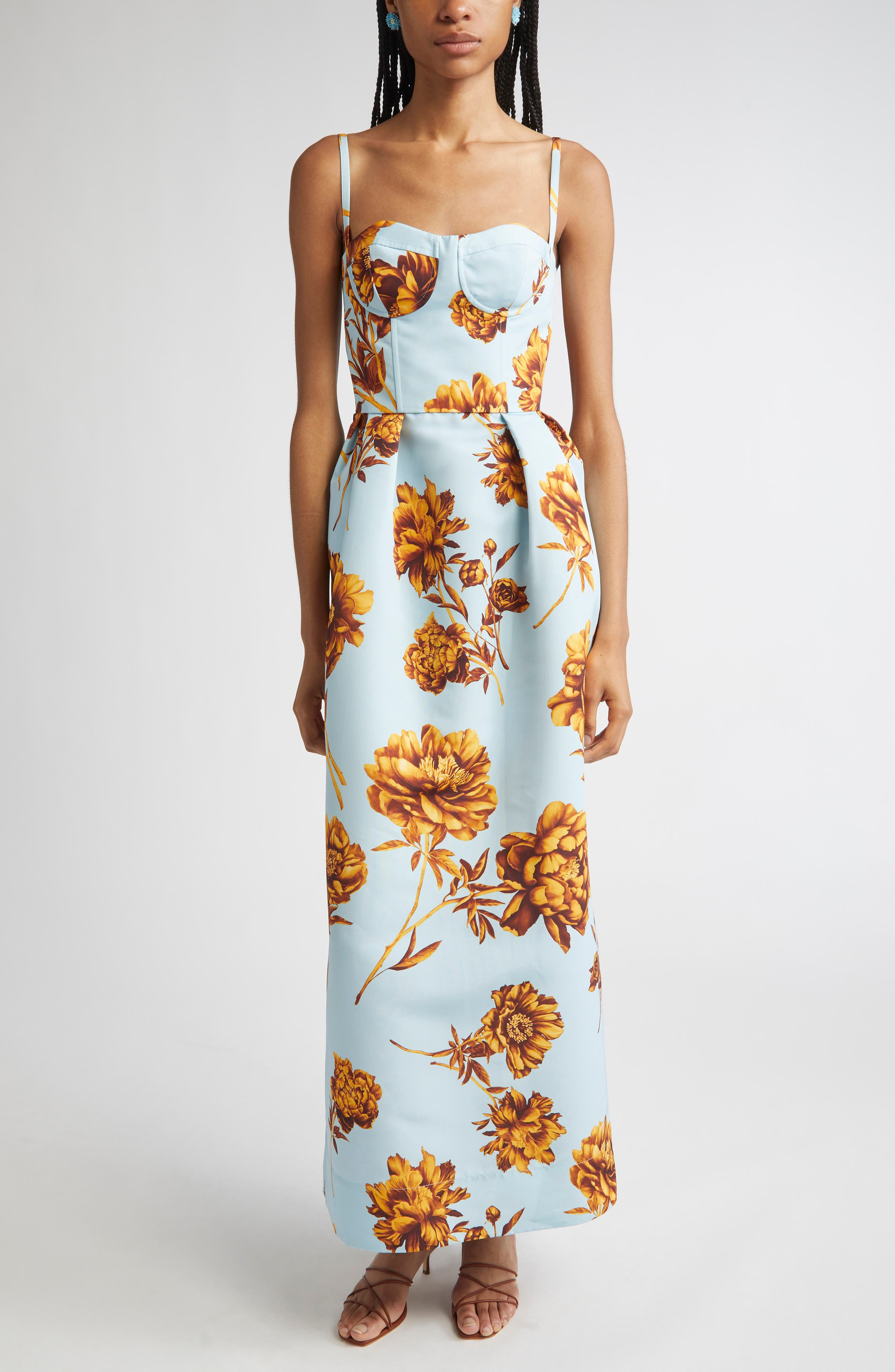Oscar de la Renta Tonal Peony Print Faille Bustier Gown in Brown/Ice Blue at Nordstrom - 1