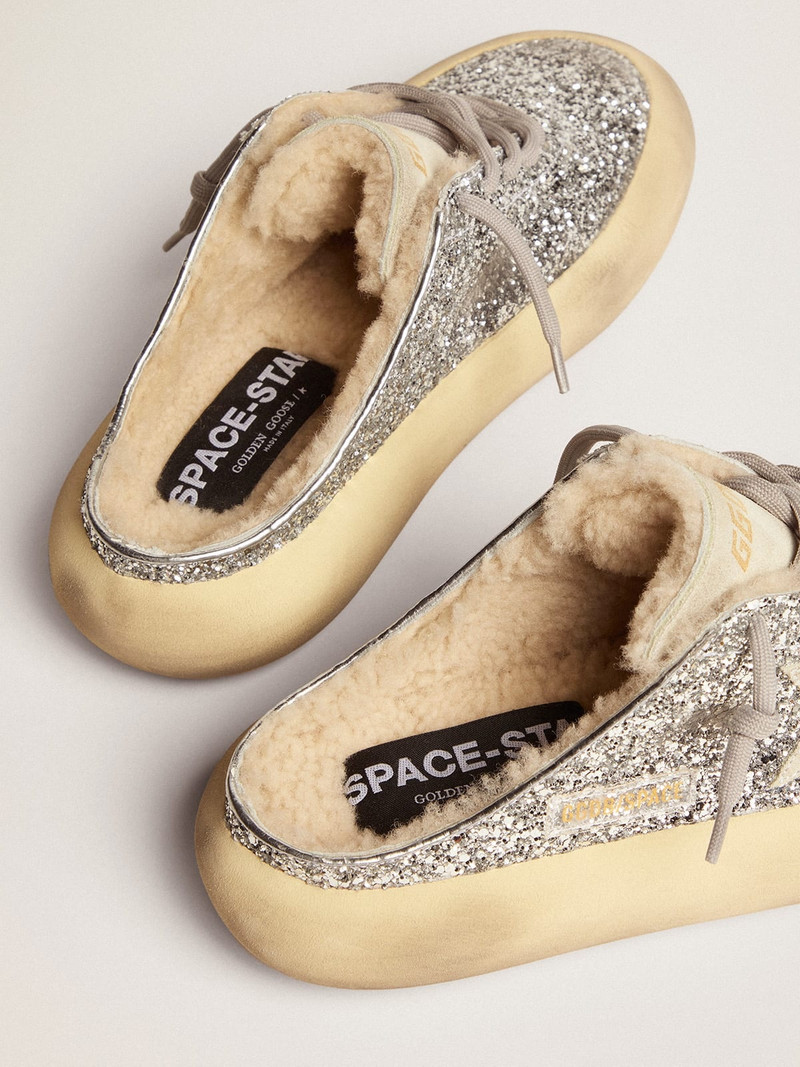 Space-Star Sabot shoes in silver glitter with shearling lining 5