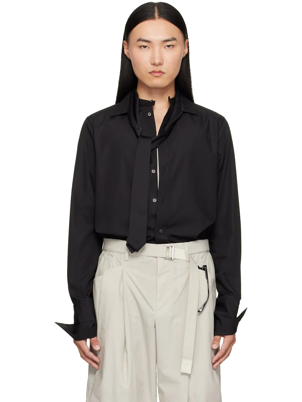 Black Satin Tie Poplin Shirt - 1
