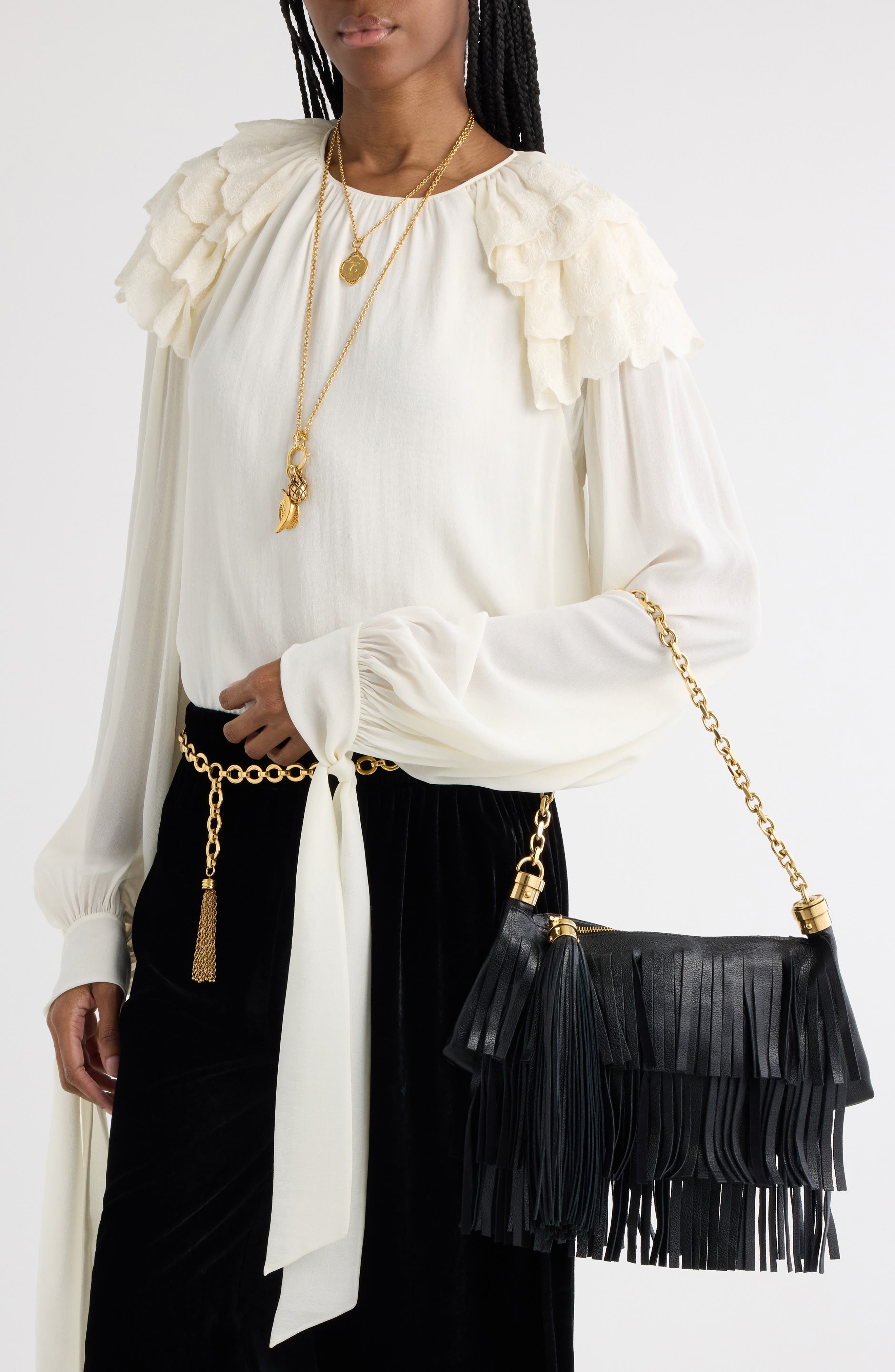 Chloé Small Foulard Fringe Leather Shoulder Bag in Black at Nordstrom - 6