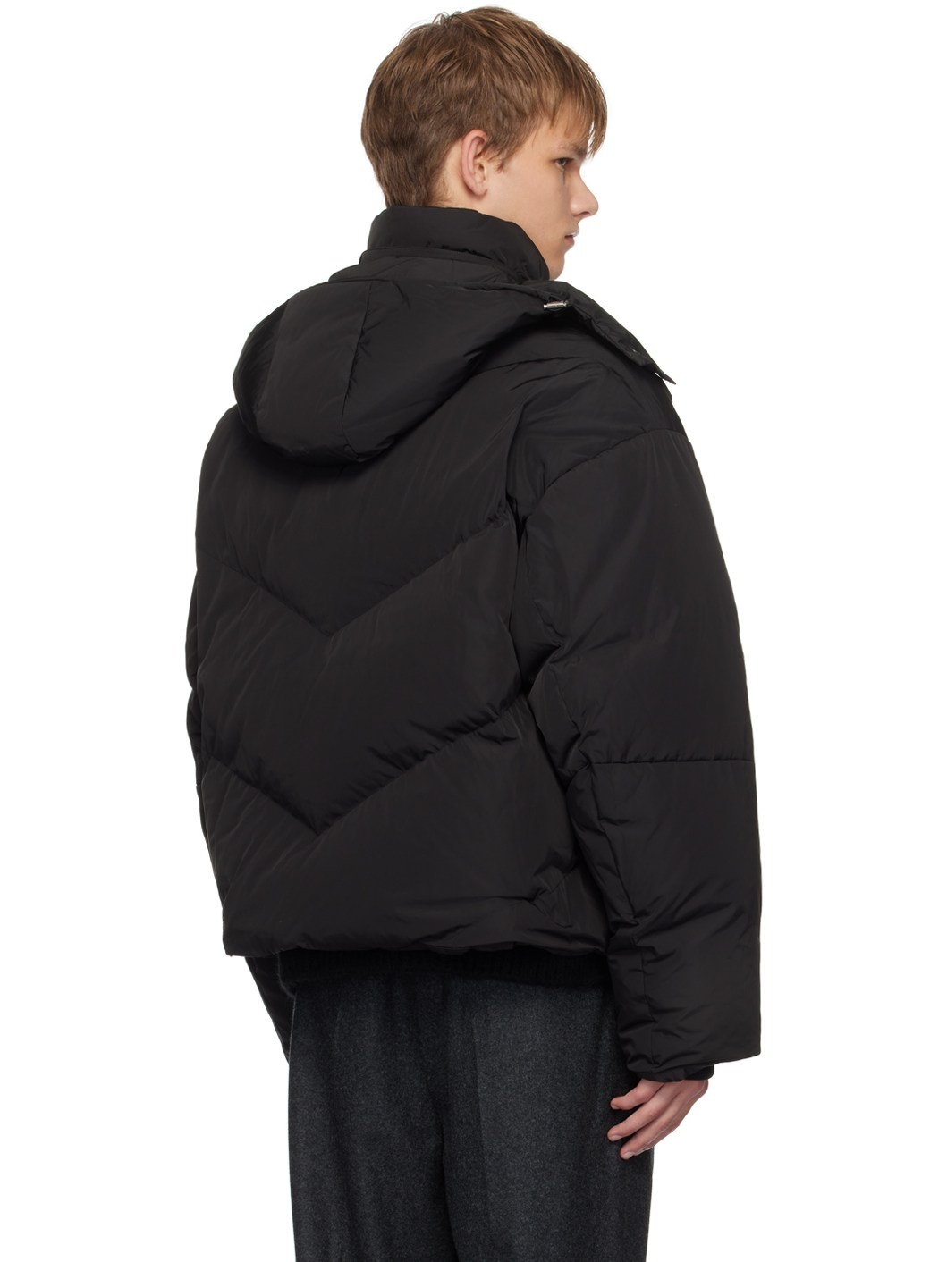 Black Detachable Hood Down Jacket - 3