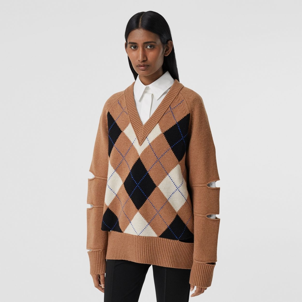 Cut-out Detail Argyle Intarsia Wool Cashmere Sweater - 6