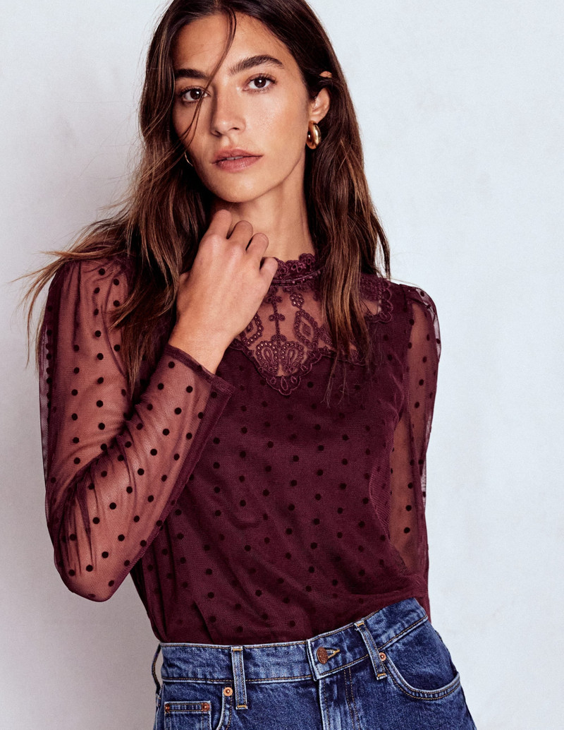 Tulle Yoke Embroidered Top-Dark Cherry 5