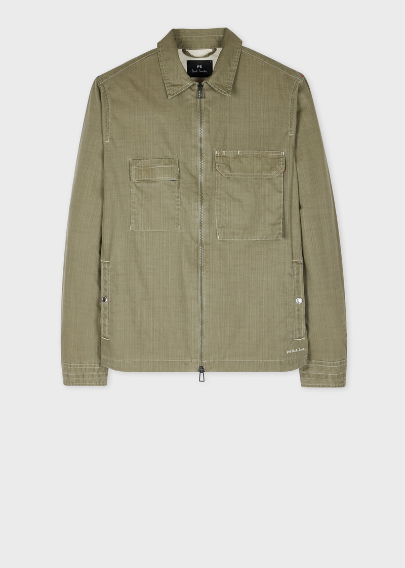 Khaki Green Coated Slub Cotton Zip Jacket - 1