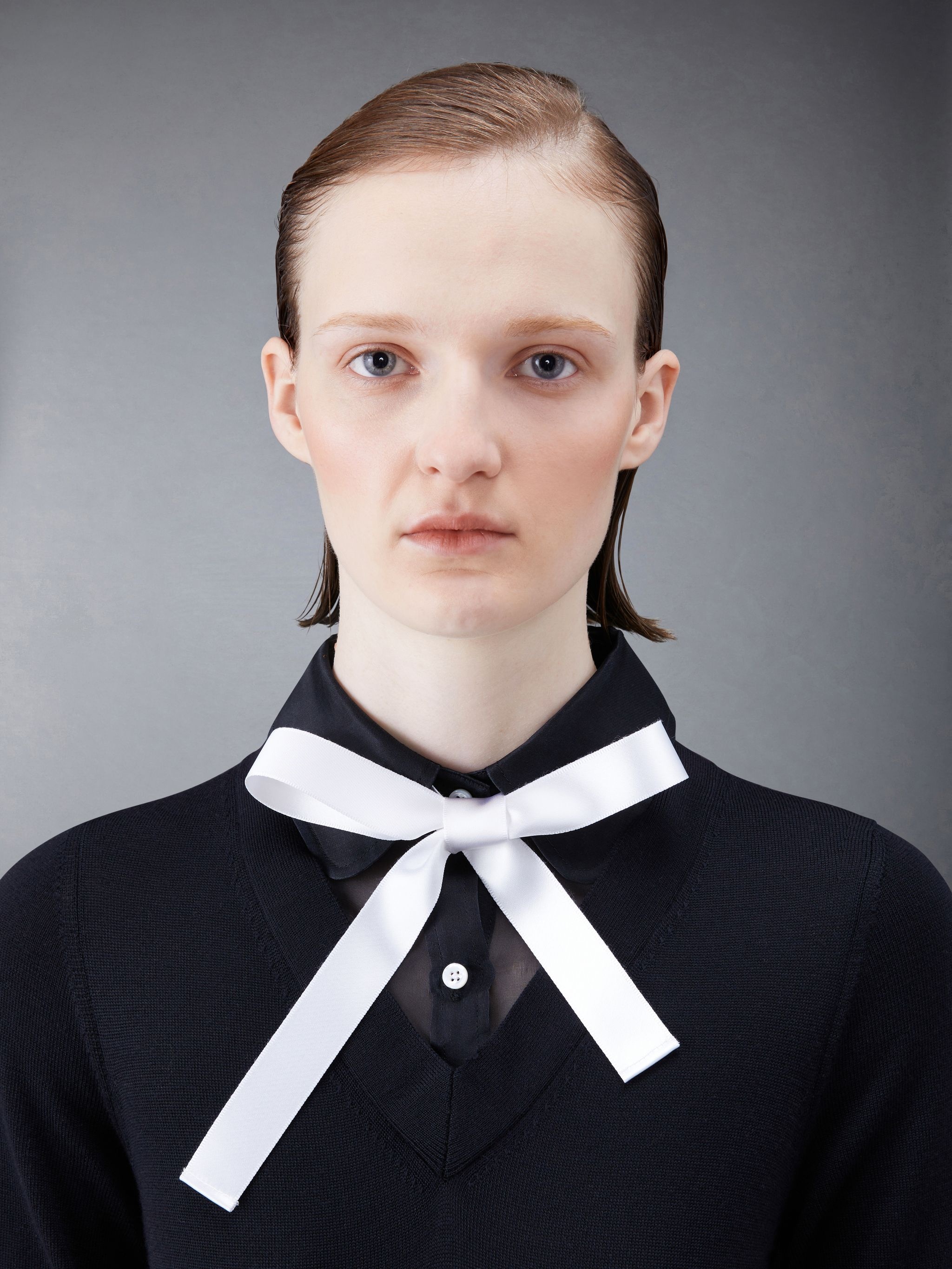 Wool Jersey Organza Pleated Bottom Ribbon Tie Combo Shirtdress - 6
