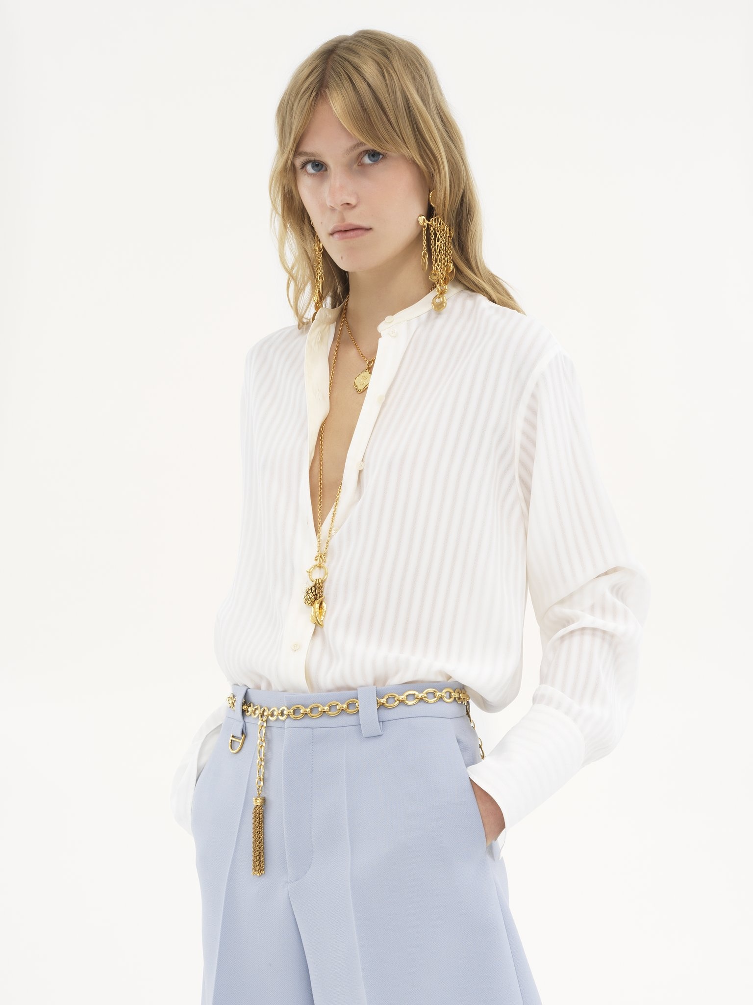COLLARLESS SHIRT IN STRIPED VISCOSE - 4