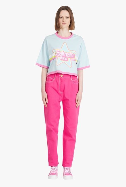 Balmain x Barbie - Blue eco-designed cotton cropped T-shirt with pink Balmain logo print - 4