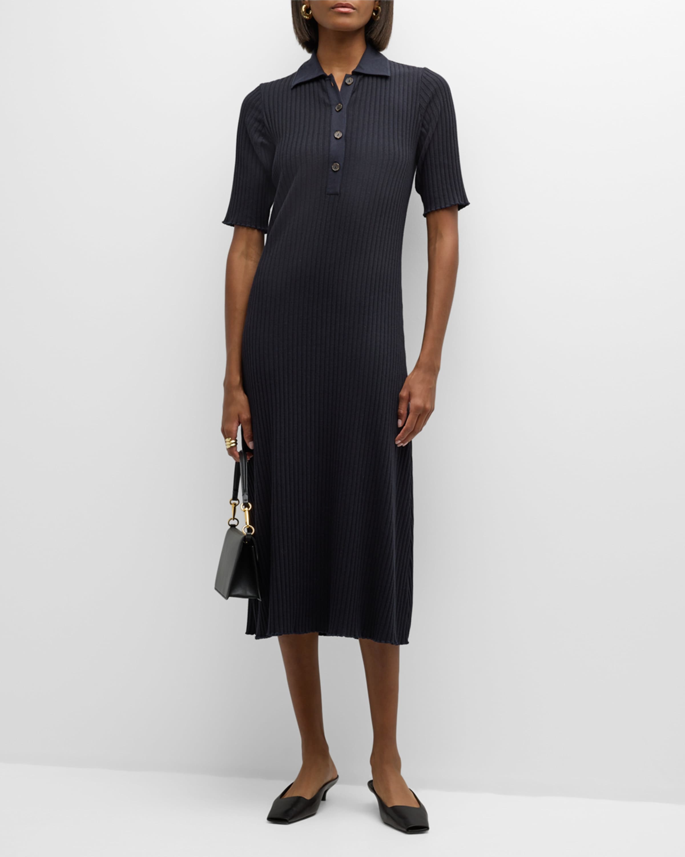 Ribbed Elbow-Sleeve Polo Midi Dress - 2