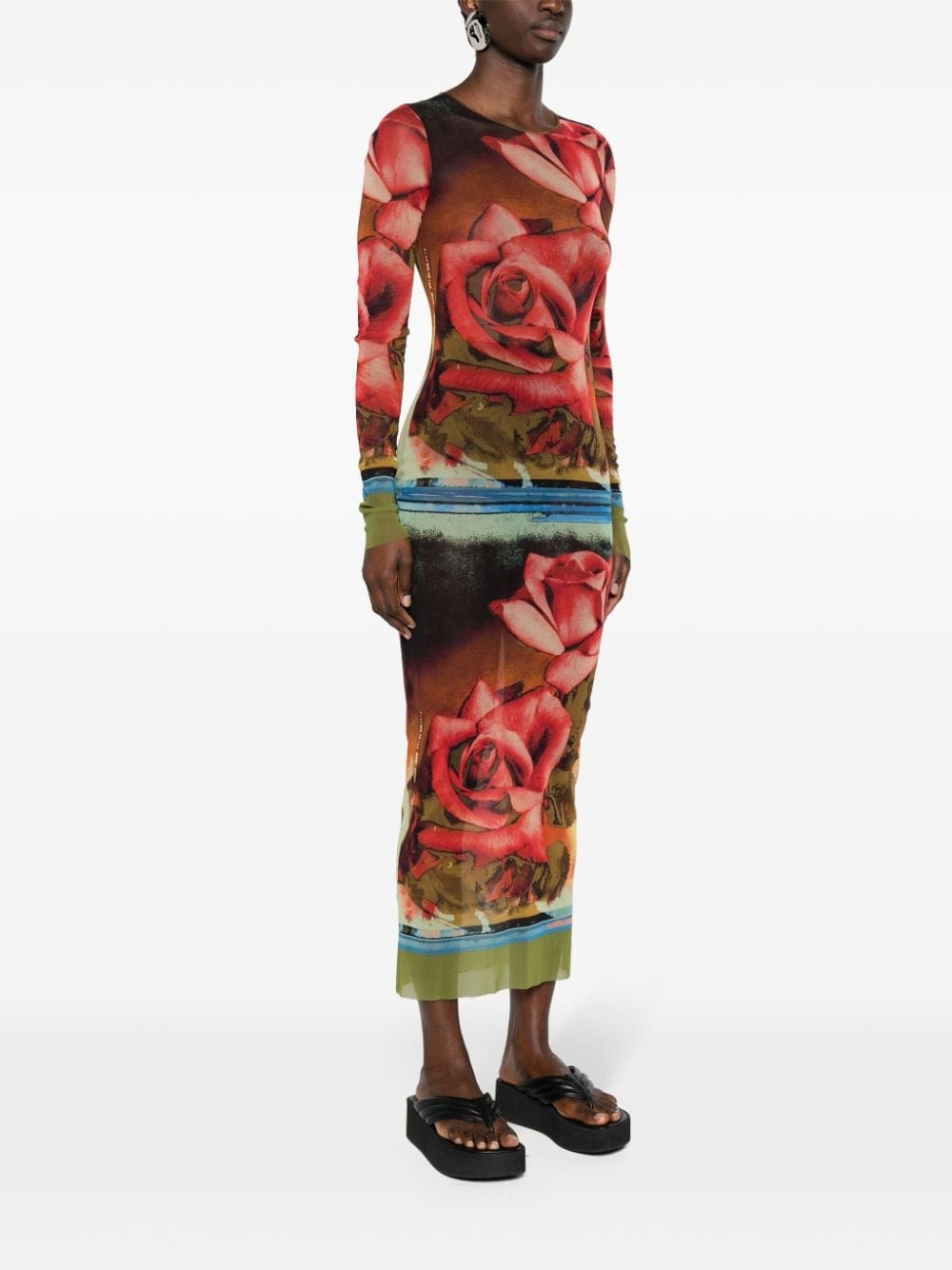 rose-print mesh midi dress - 3