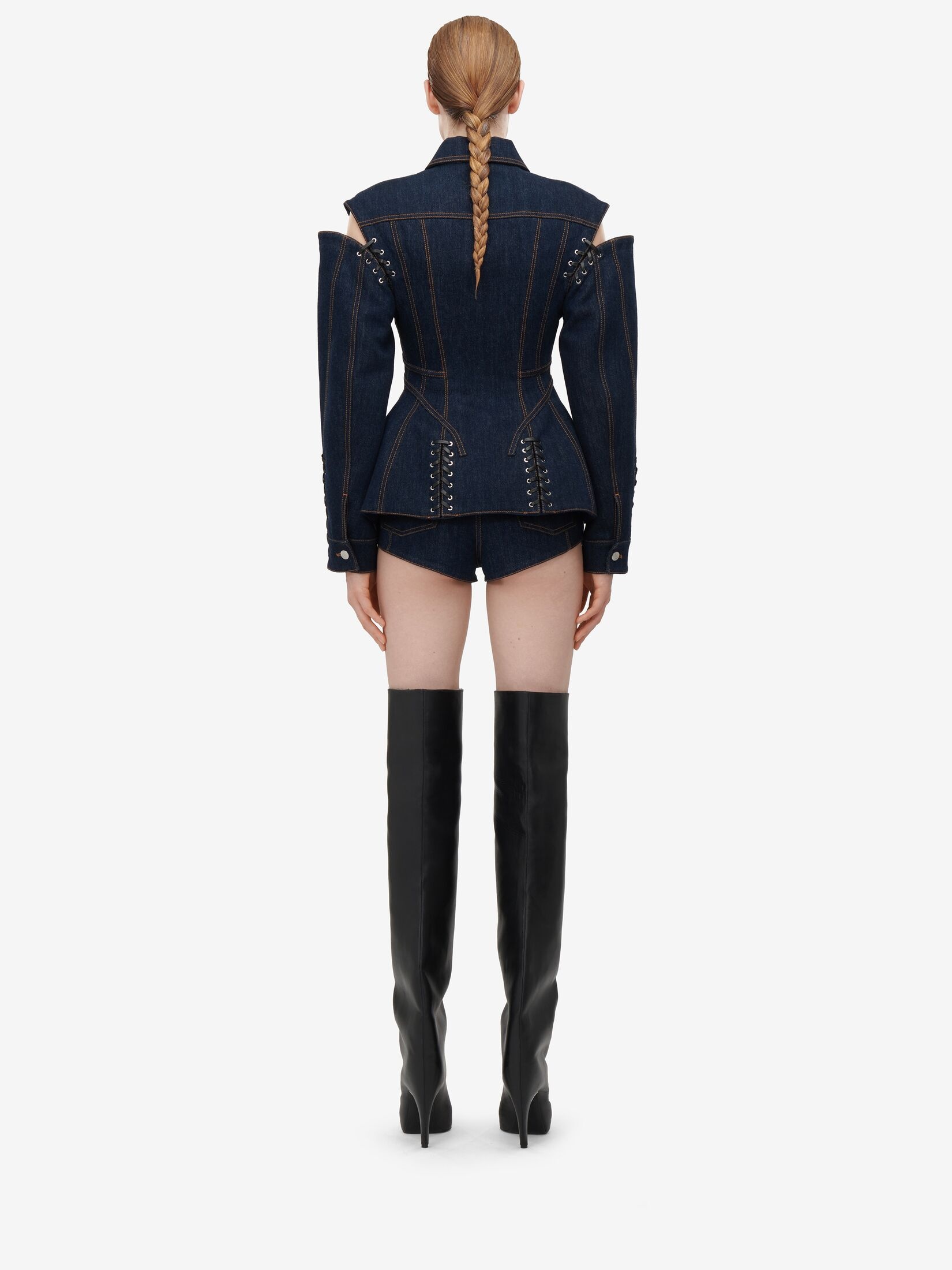Women's Lace Detail Slashed Denim Jacket in Denim - 4