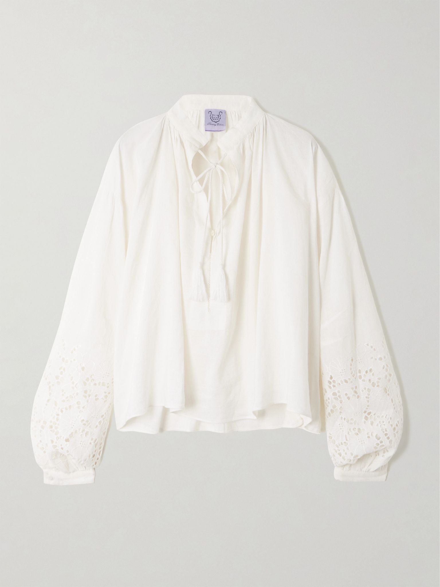 Gathered broderie anglaise linen and cotton-blend blouse Off-white - 1