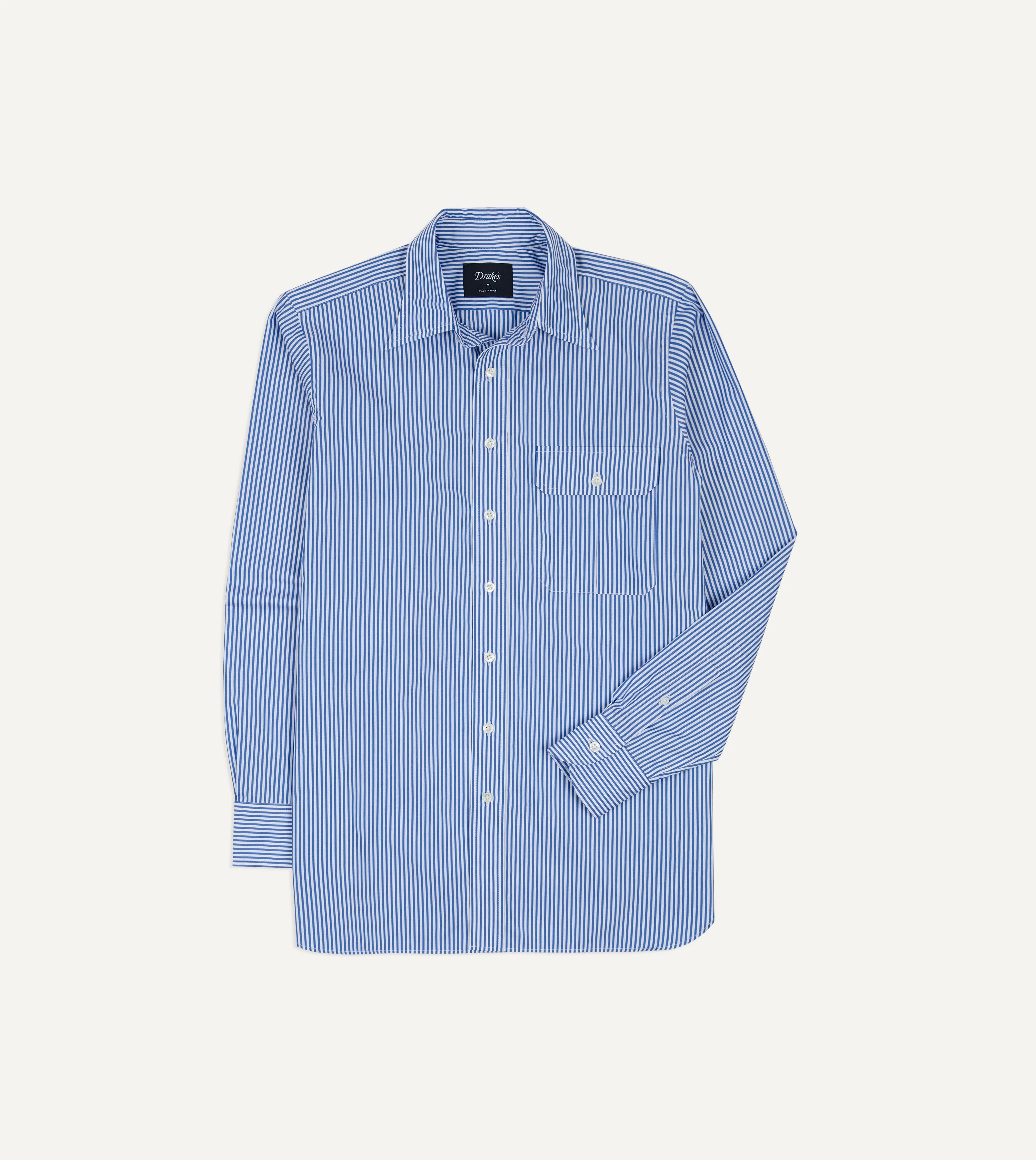 Blue and White Stripe Long Point Collar Flap Pocket Poplin Shirt - 1