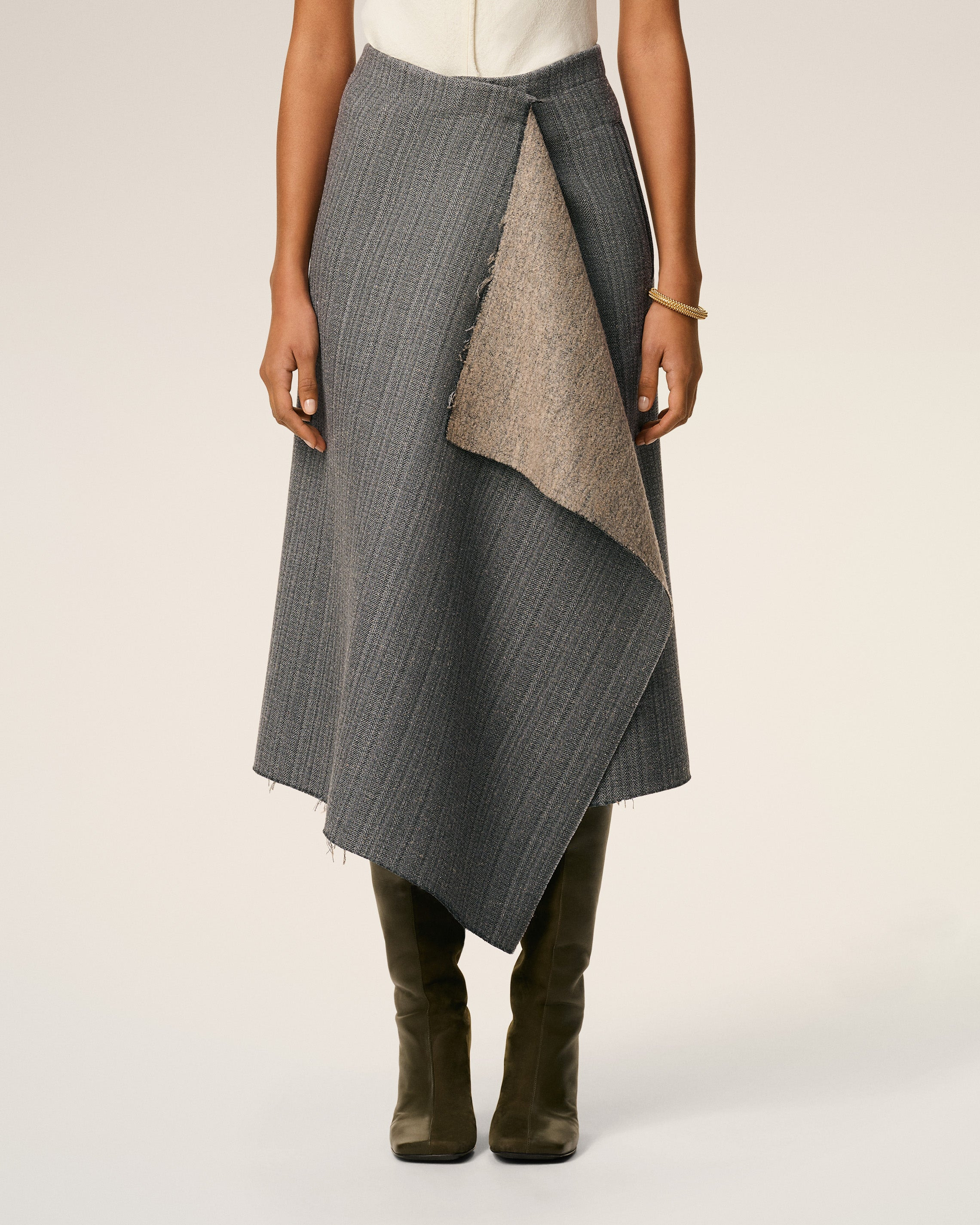 GREY WOOL MIDI HERRINGBONE WRAPPED SKIRT - 3