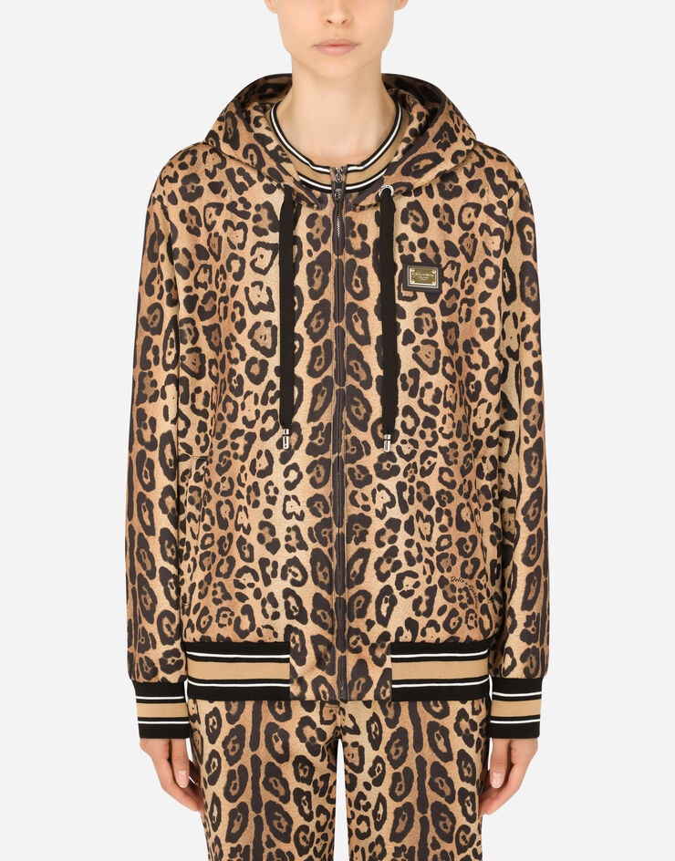 Zip-up jersey hoodie with leopard print - 1