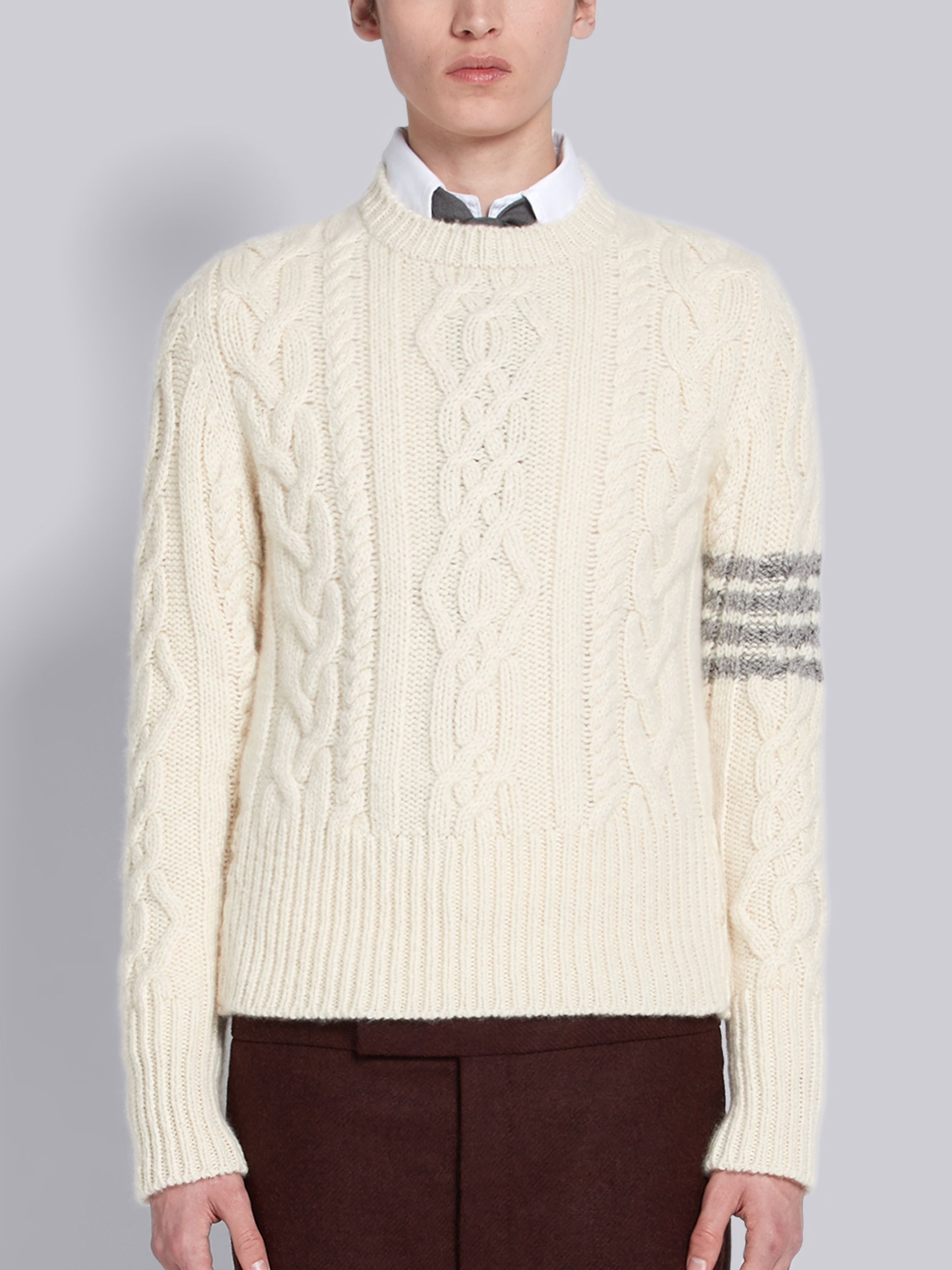 White Cashmere Aran Cable 4-bar Crew Neck Pullover - 1