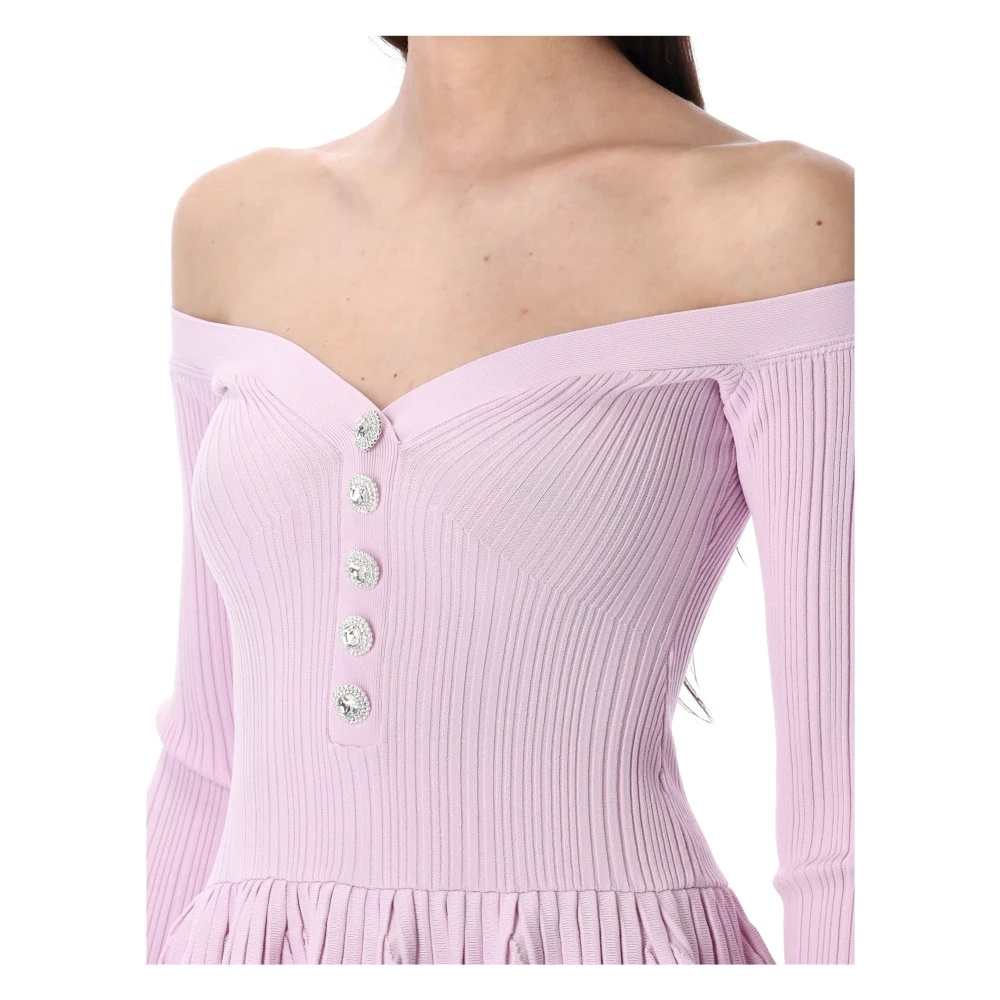 ワンピース SELF PORTRAIT PINK RIBBED KNIT OFF SHOULDER MINI DRESS Pink Ribbed Knit Mini Dress – self-portrait-US