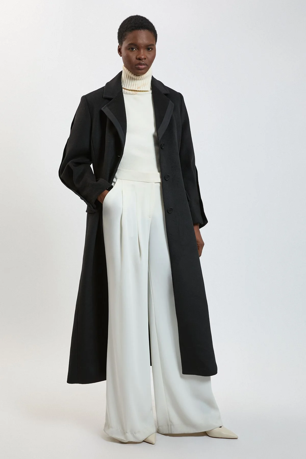 Wool Tailored Midi Full Skirt Satin Detail Coat - 1
