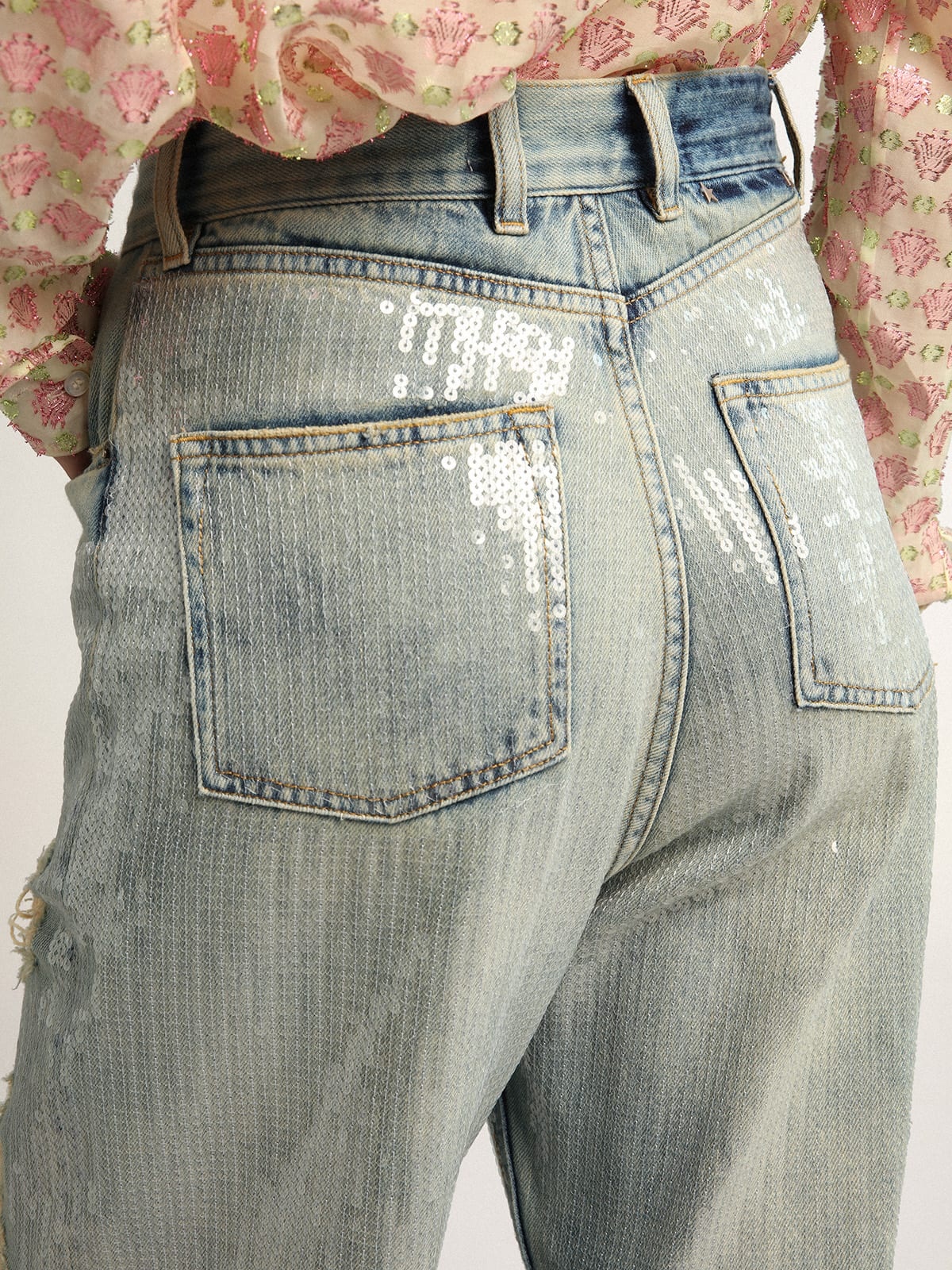 Journey Collection jeans in distressed-effect light blue denim with all-over sequins - 5