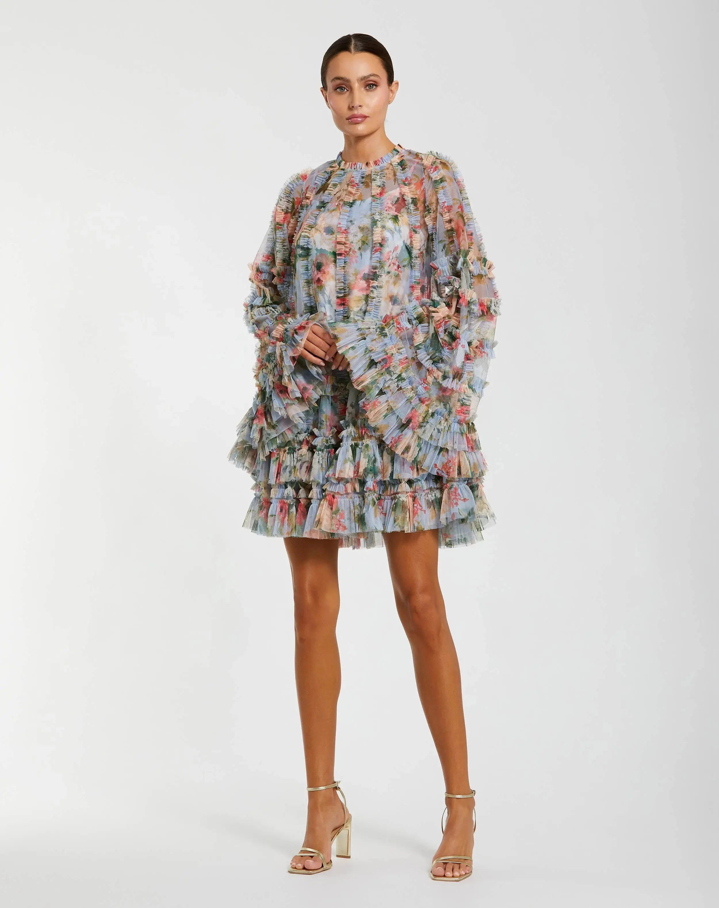 Blue Multi Floral Print Ruffle Mesh Mini Dress - 1