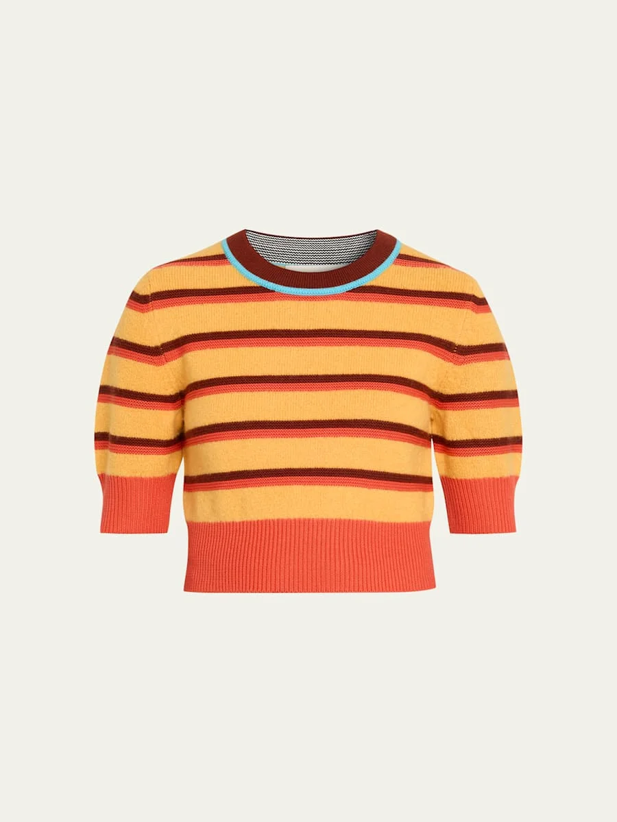 Striped Short-Sleeve Crop Sweater - 1