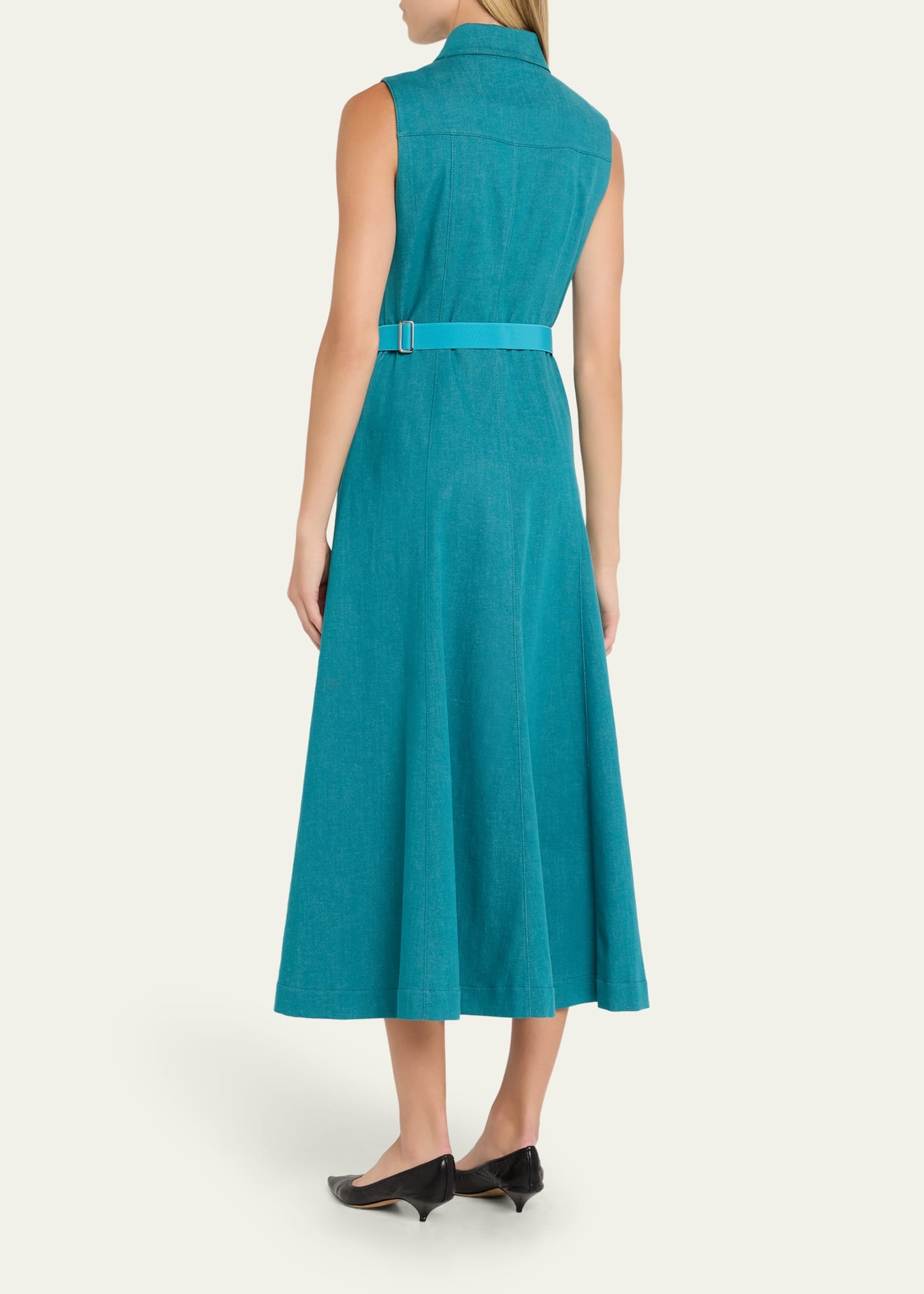 Sleeveless Belted Denim Midi Shirtdress - 3