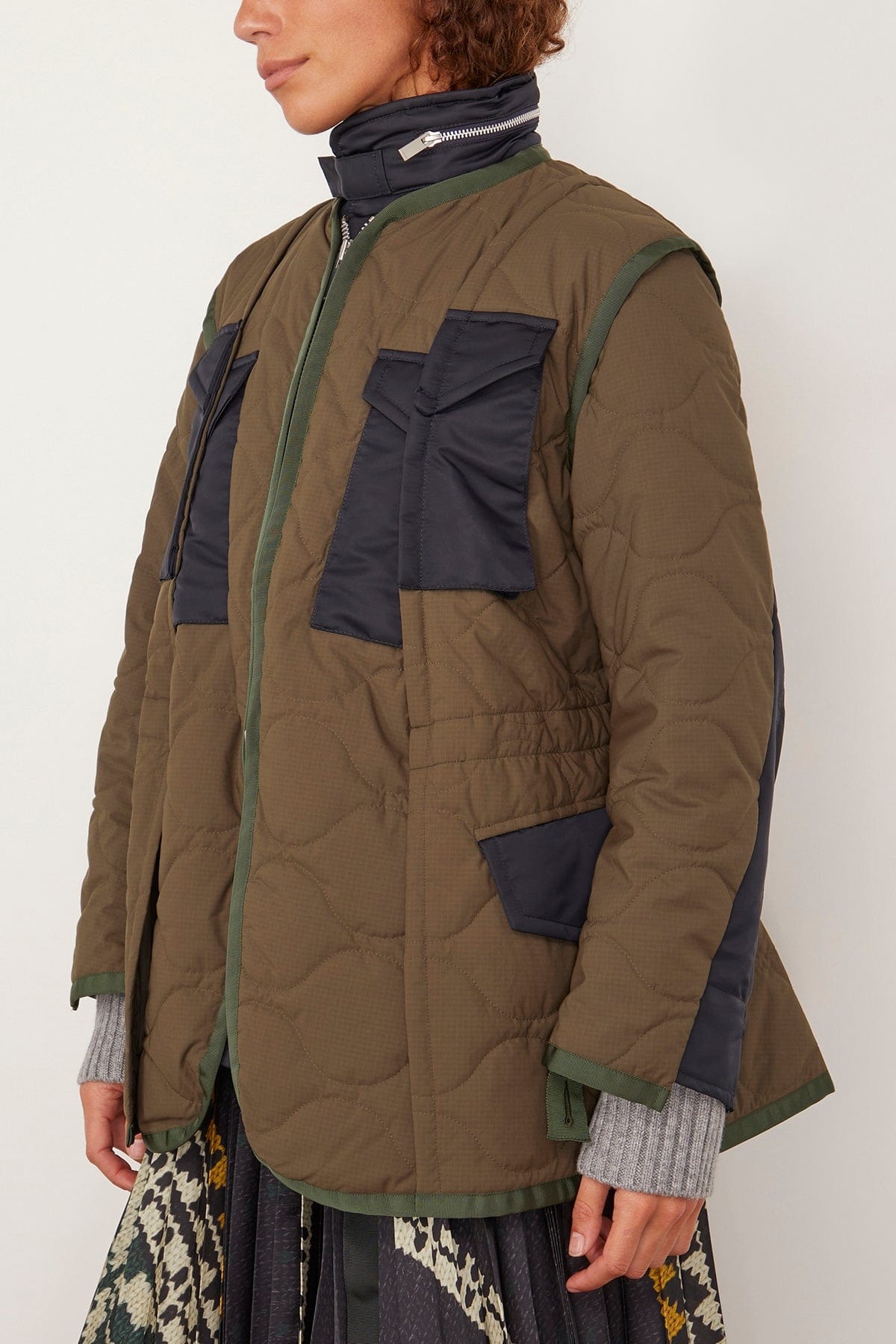 Rip Stop Quilted Coat in Khaki/Dark Navy - 3