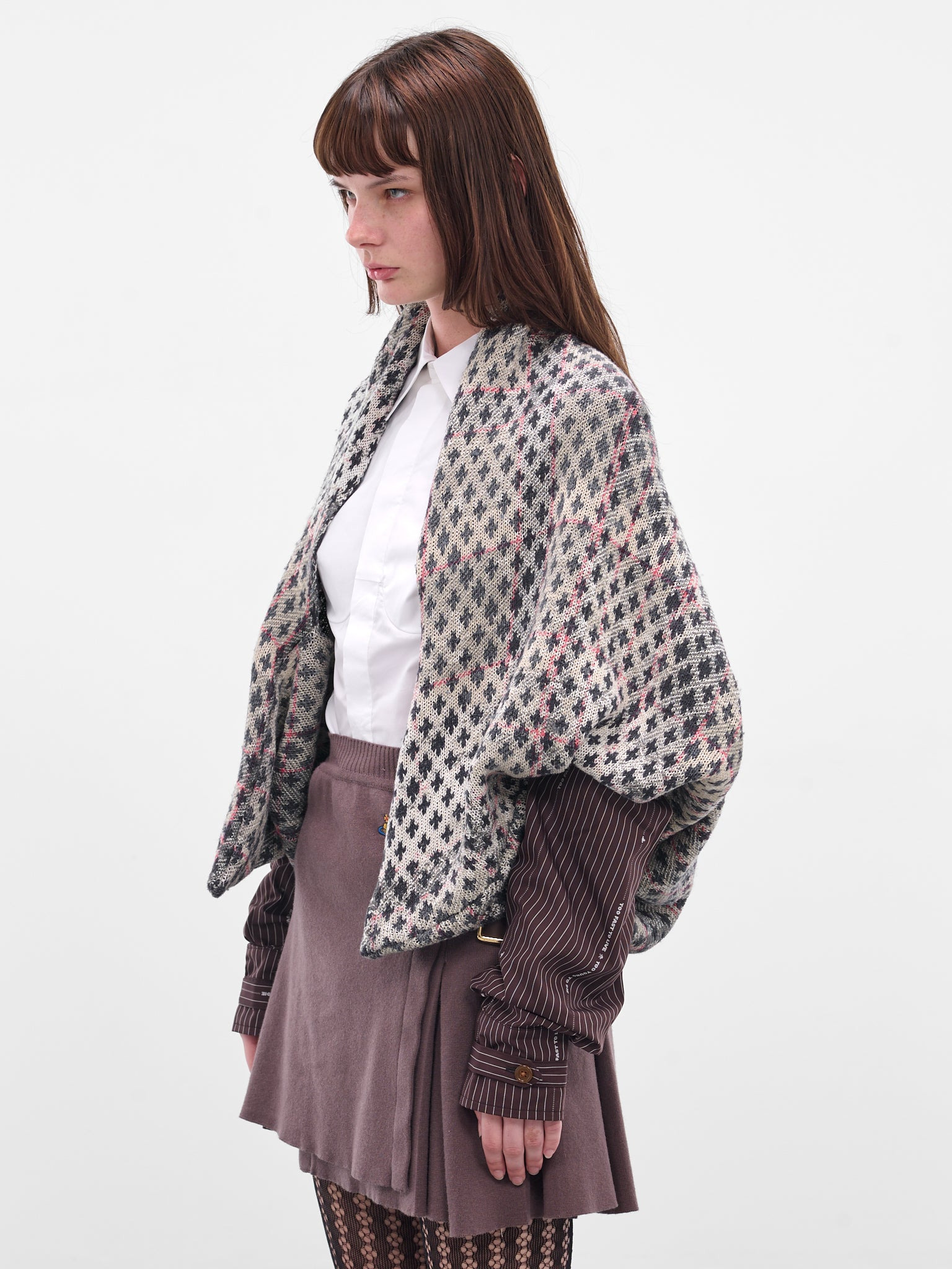 Gray Cross Distressed Tartan Poncho - 2