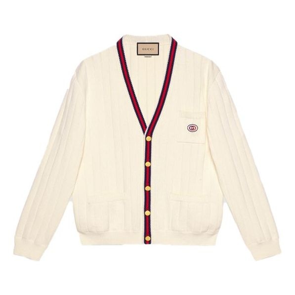Gucci Knit Cotton V-Neck Cardigan With Web 'Ivory' 654984-XKBUR-9182 - 1