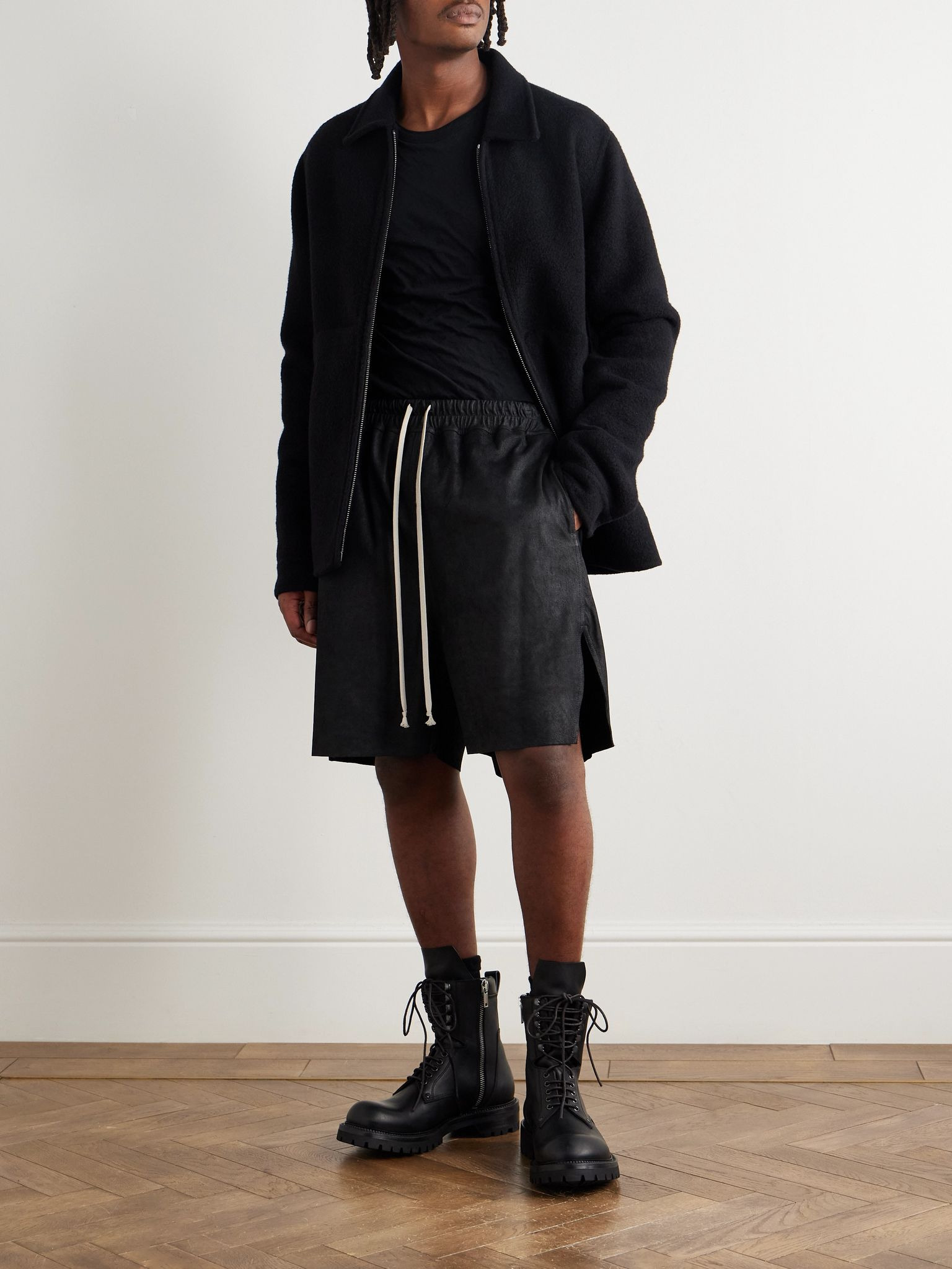 Straight-Leg Leather Drawstring Shorts Black - 2