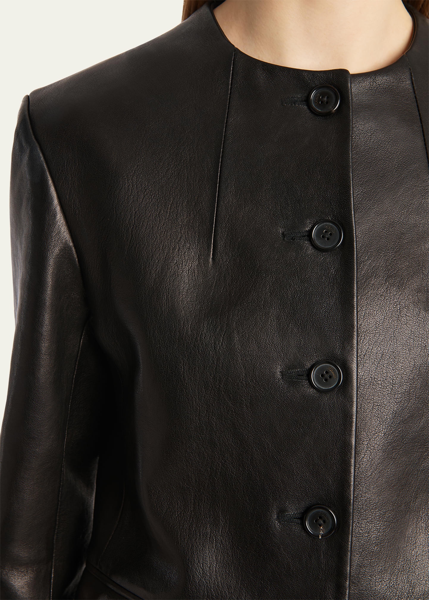 Jameson Single-Breasted Leather Collarless Jacket - 5