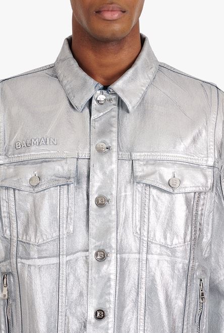 Silvery jean jacket with embossed Balmain logo - 8