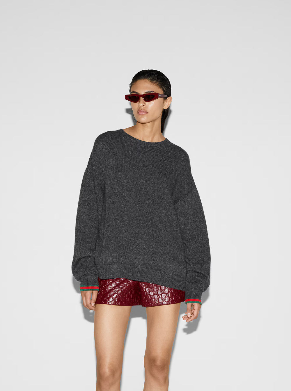 Gucci Women Grey Crewneck Sweater With Web Detail On The Cuffs In Wool And Cashmere Blend Woman - 4