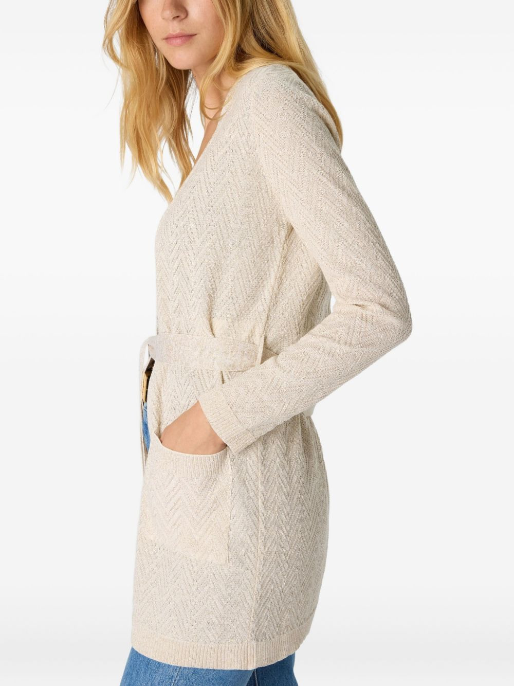chevron-pattern belted cardigan - 4