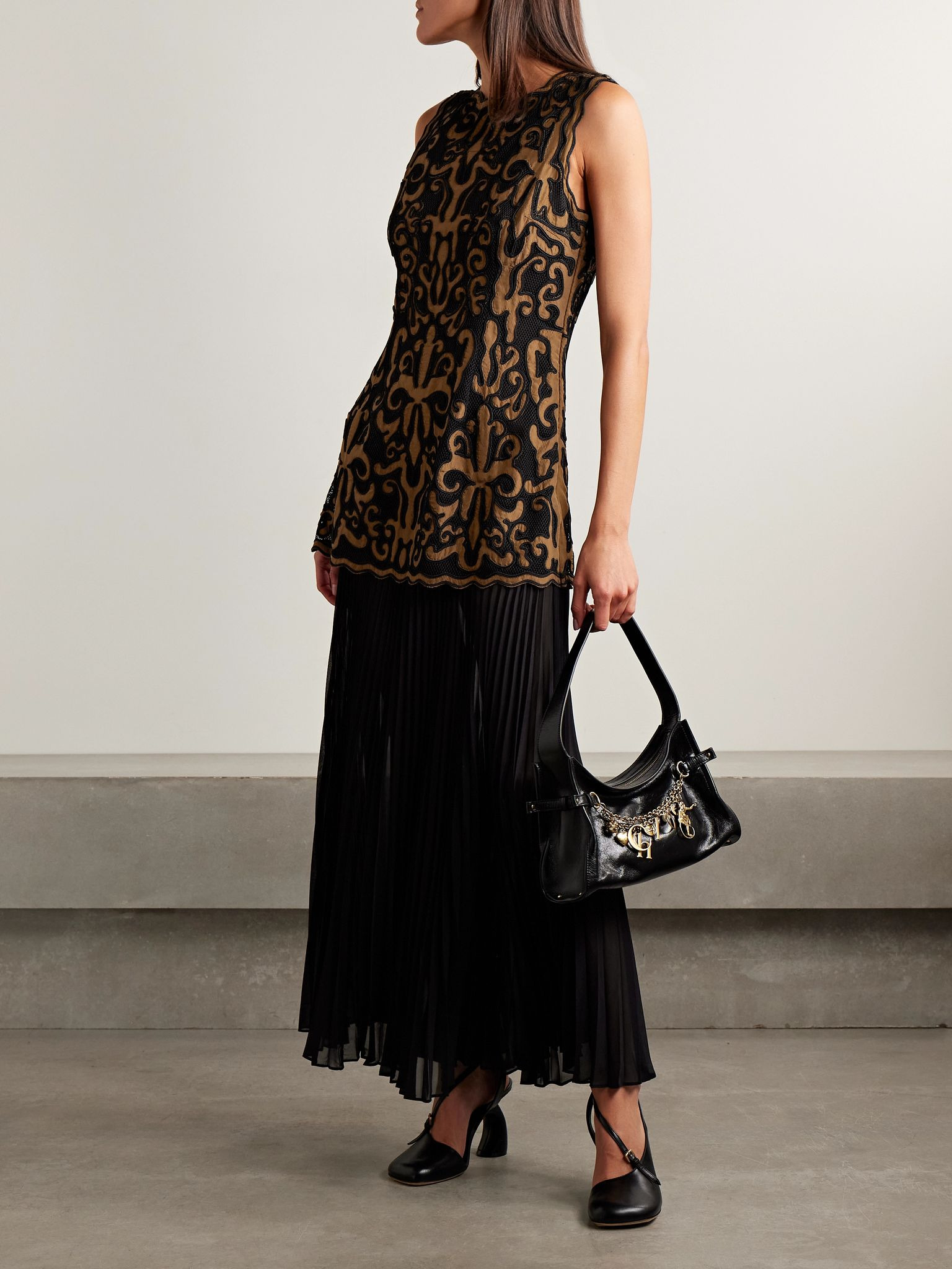 Auryn layered appliquéd taffeta, mesh and pleated silk-chiffon midi dress Brown - 2