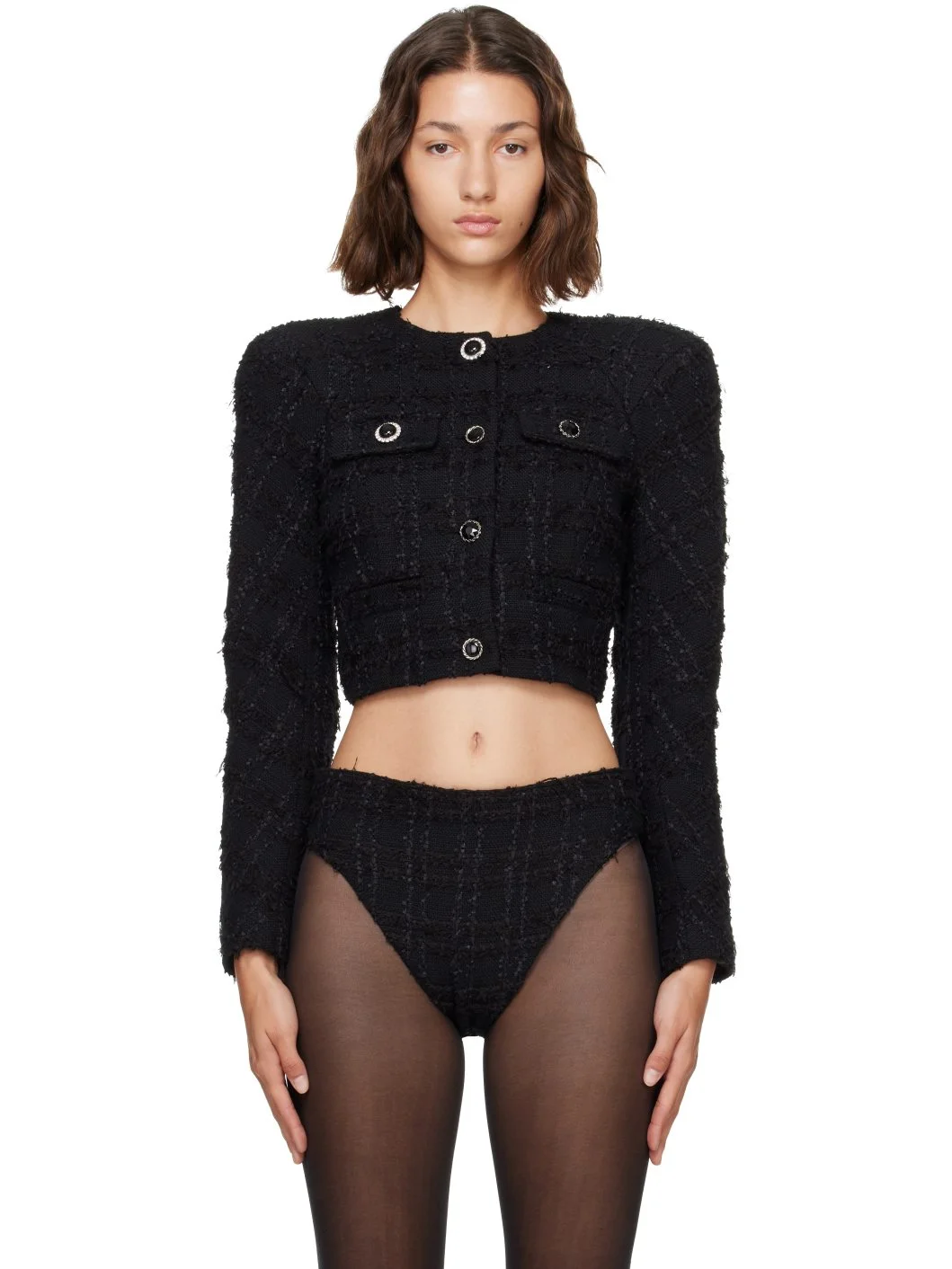 Black Round Shoulder Tweed Jacket - 1