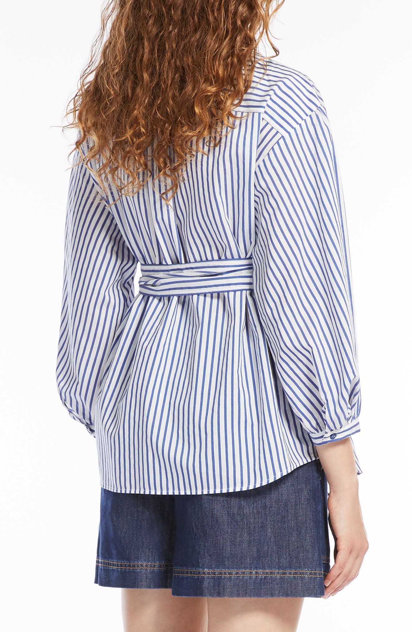 Weekend Max Mara Ceci Stripe Tie Waist Cotton & Silk Shirt in Cornflower Blue at Nordstrom - 2